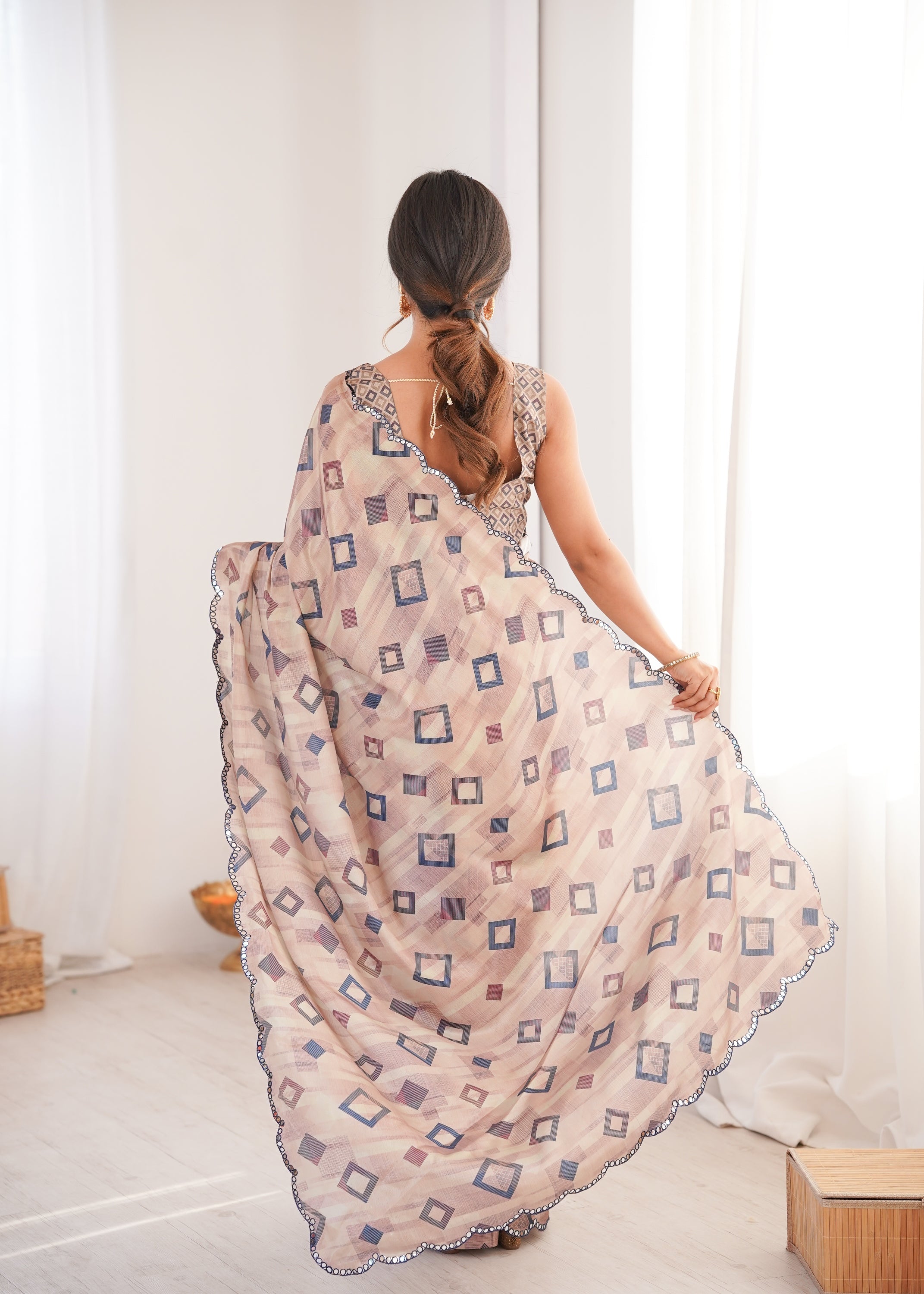 Jyoti Fashion Women's Beige Chinon Digital Printed Designer Saree with Blouse