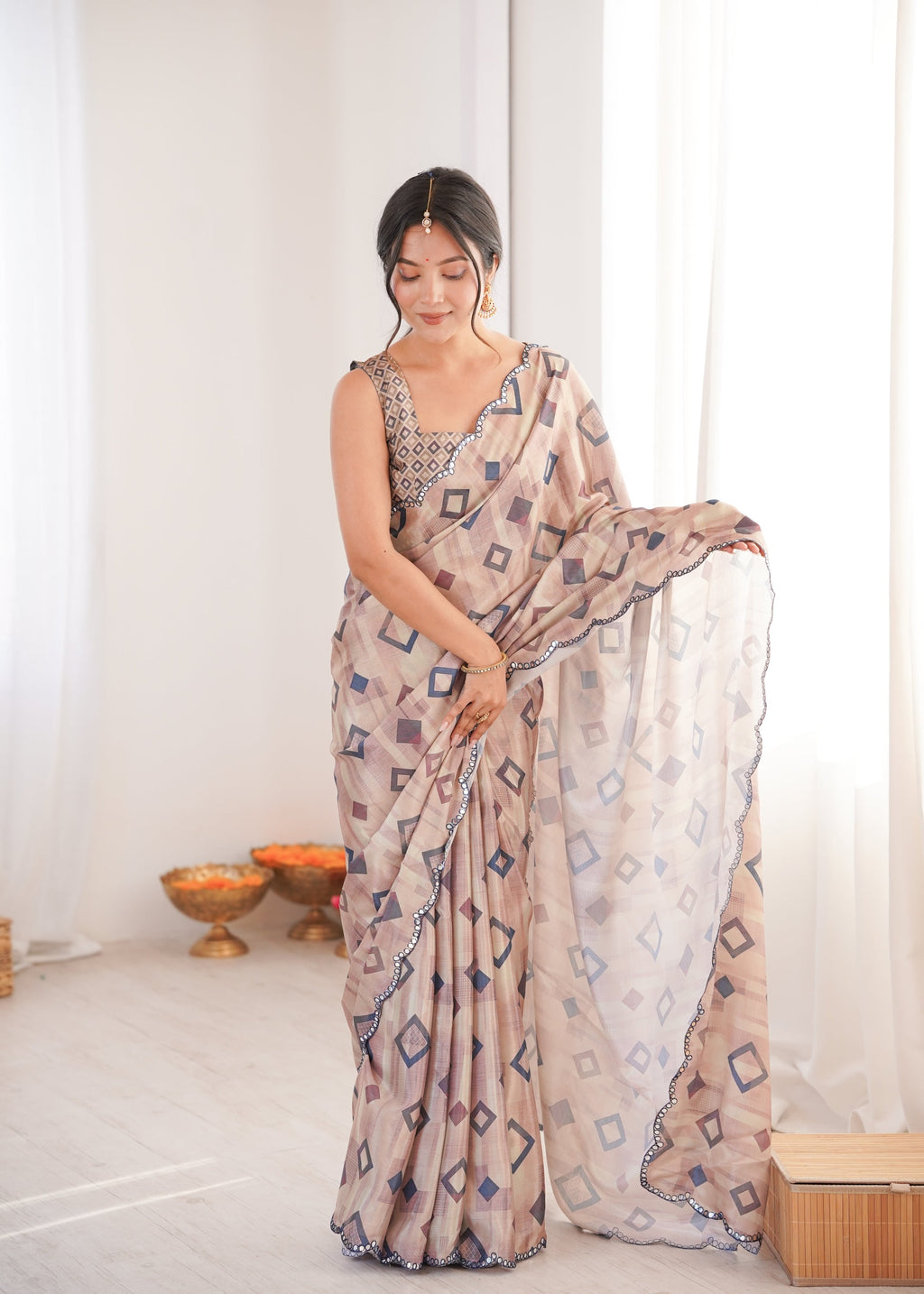 Jyoti Fashion Women's Beige Chinon Digital Printed Designer Saree with Blouse