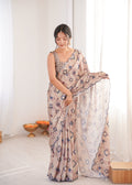 Jyoti Fashion Women's Beige Chinon Digital Printed Designer Saree with Blouse