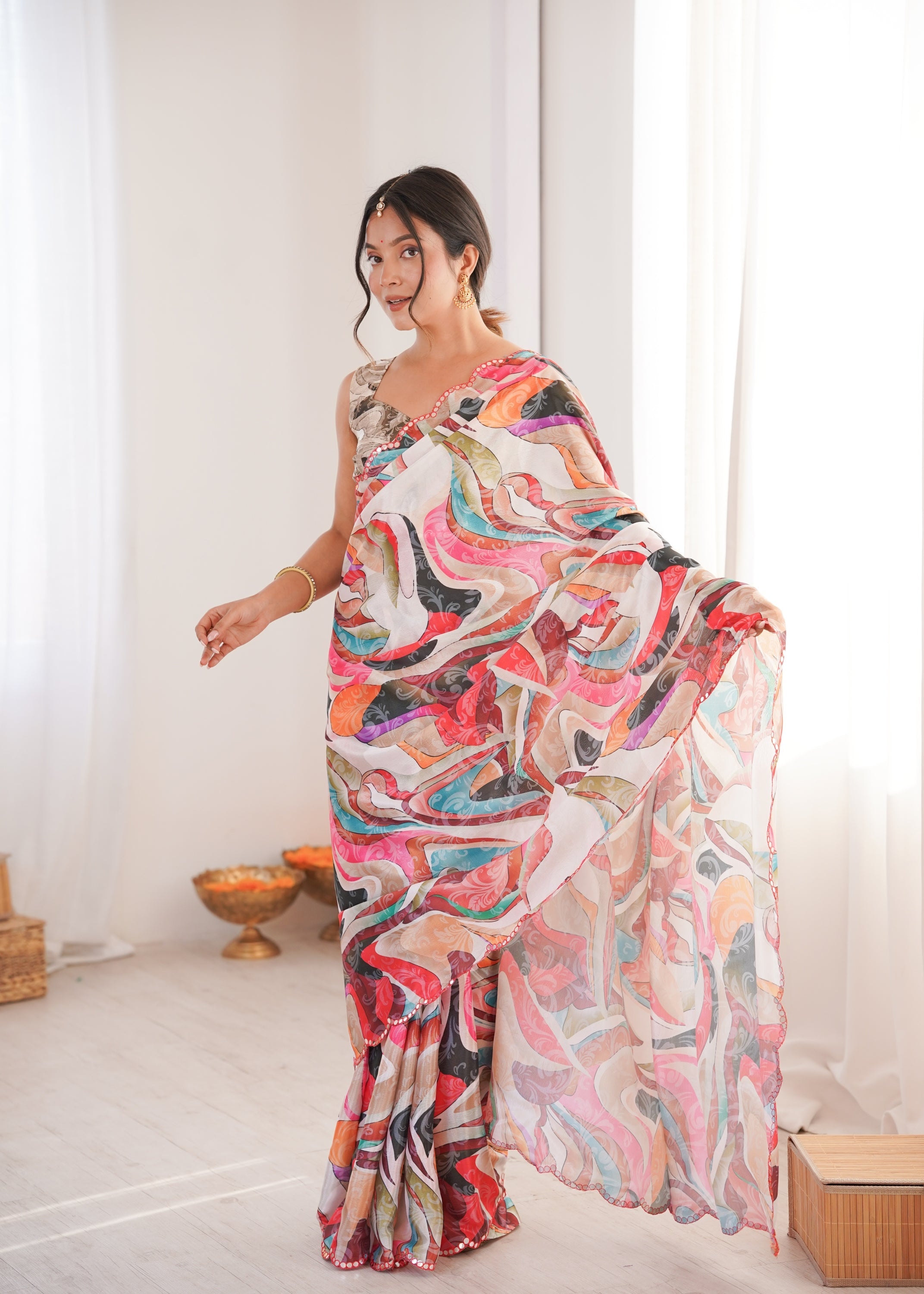Jyoti Fashion Women's Multicolor Chinon Digital Printed Designer Saree with Blouse