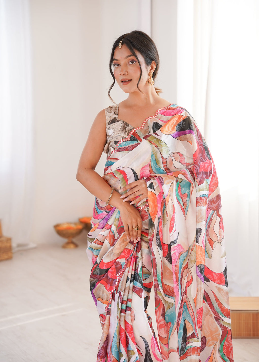 Jyoti Fashion Women's Multicolor Chinon Digital Printed Designer Saree with Blouse