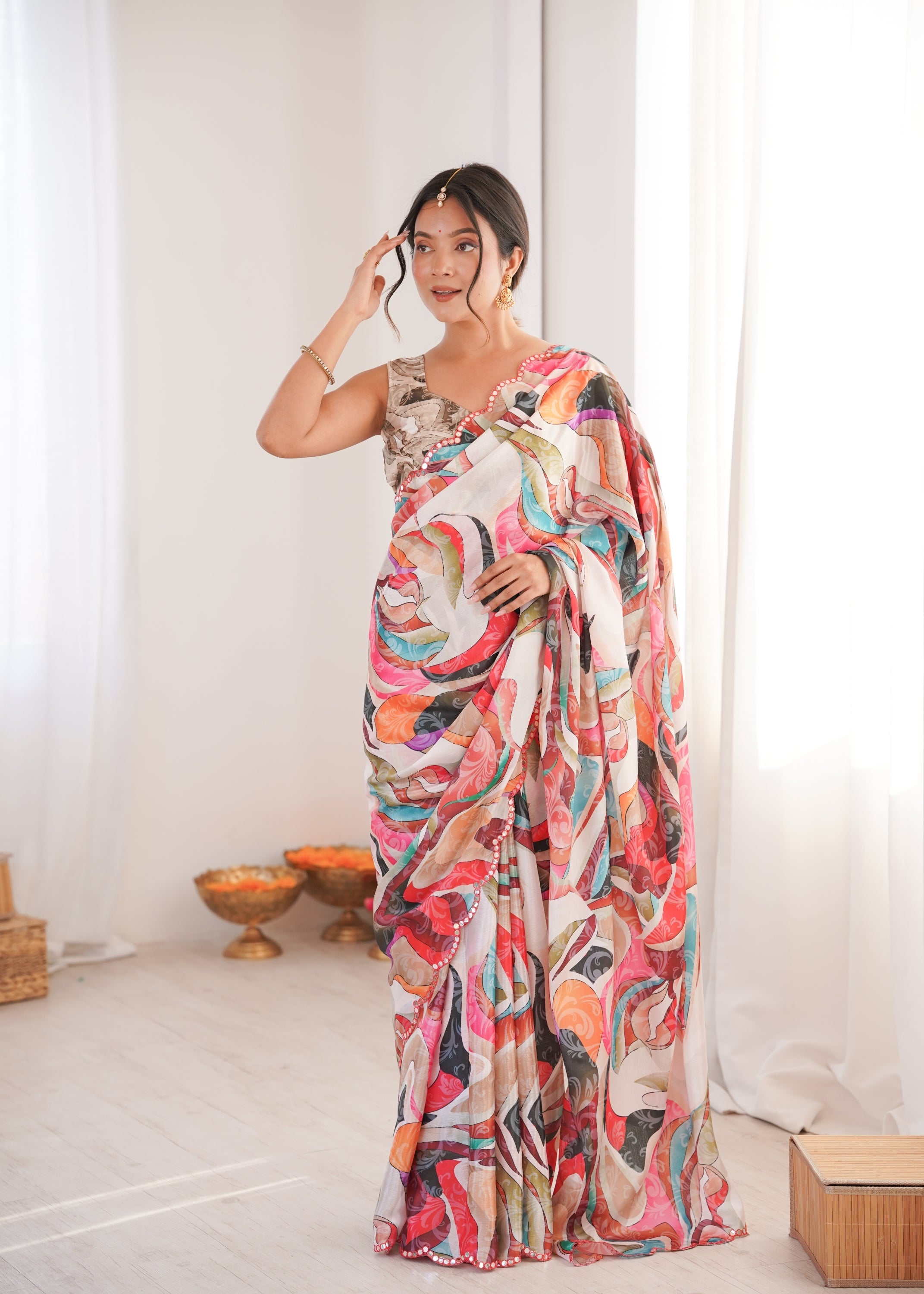 Jyoti Fashion Women's Multicolor Chinon Digital Printed Designer Saree with Blouse