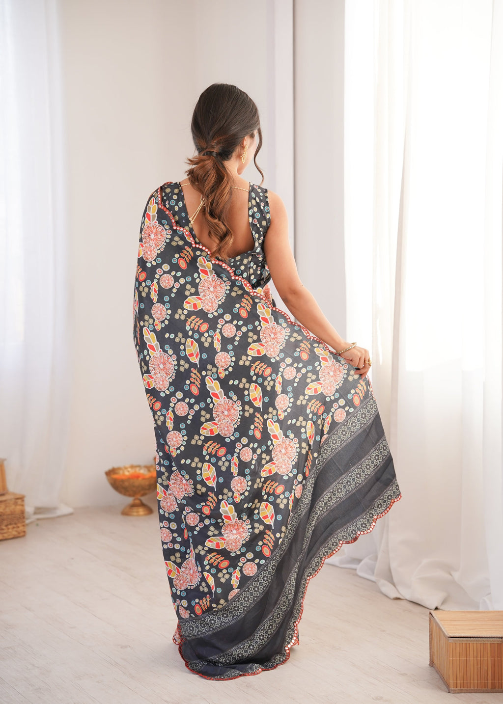Jyoti Fashion Women's Black Chinon Digital Printed Designer Saree with Blouse