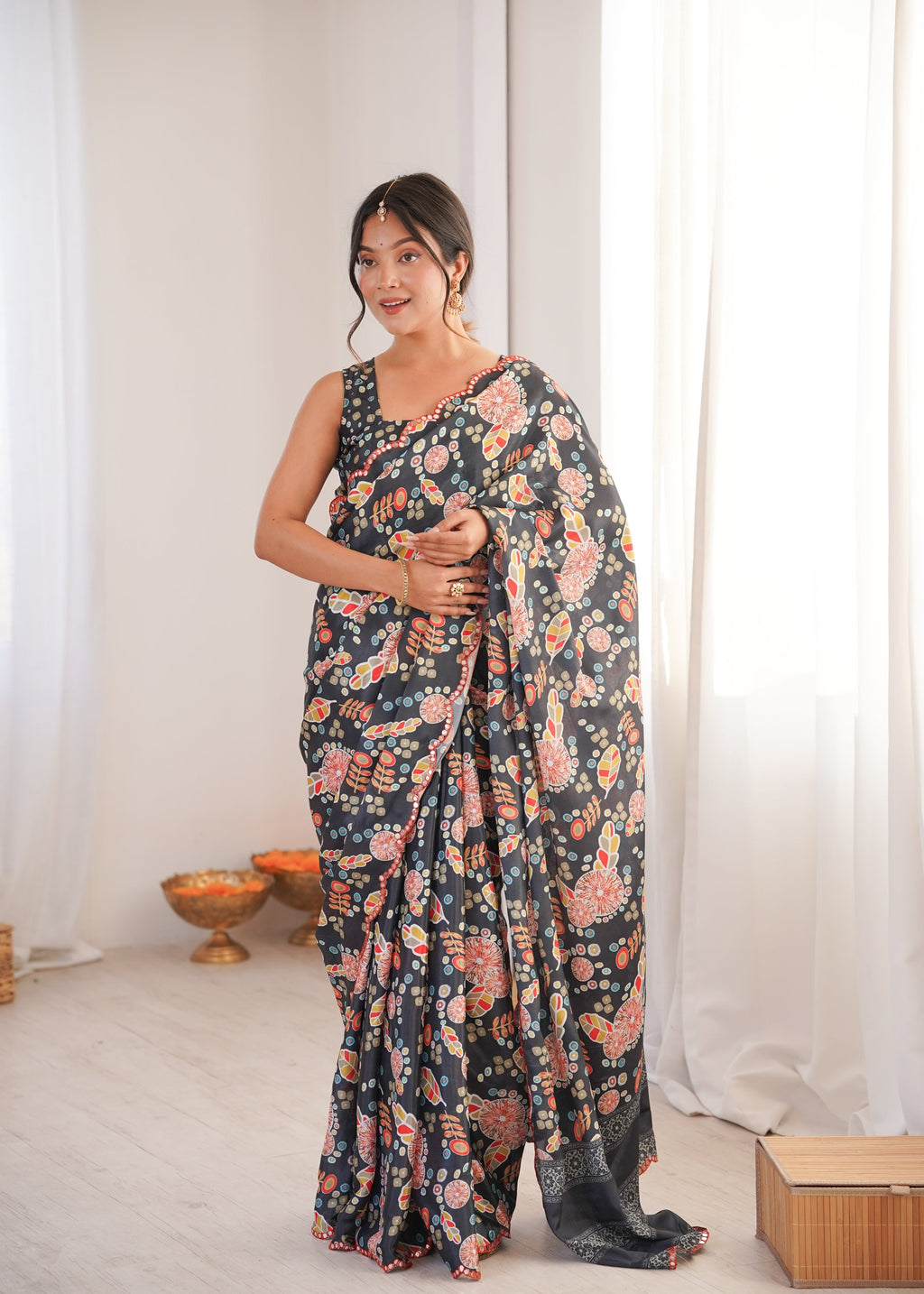 Jyoti Fashion Women's Black Chinon Digital Printed Designer Saree with Blouse