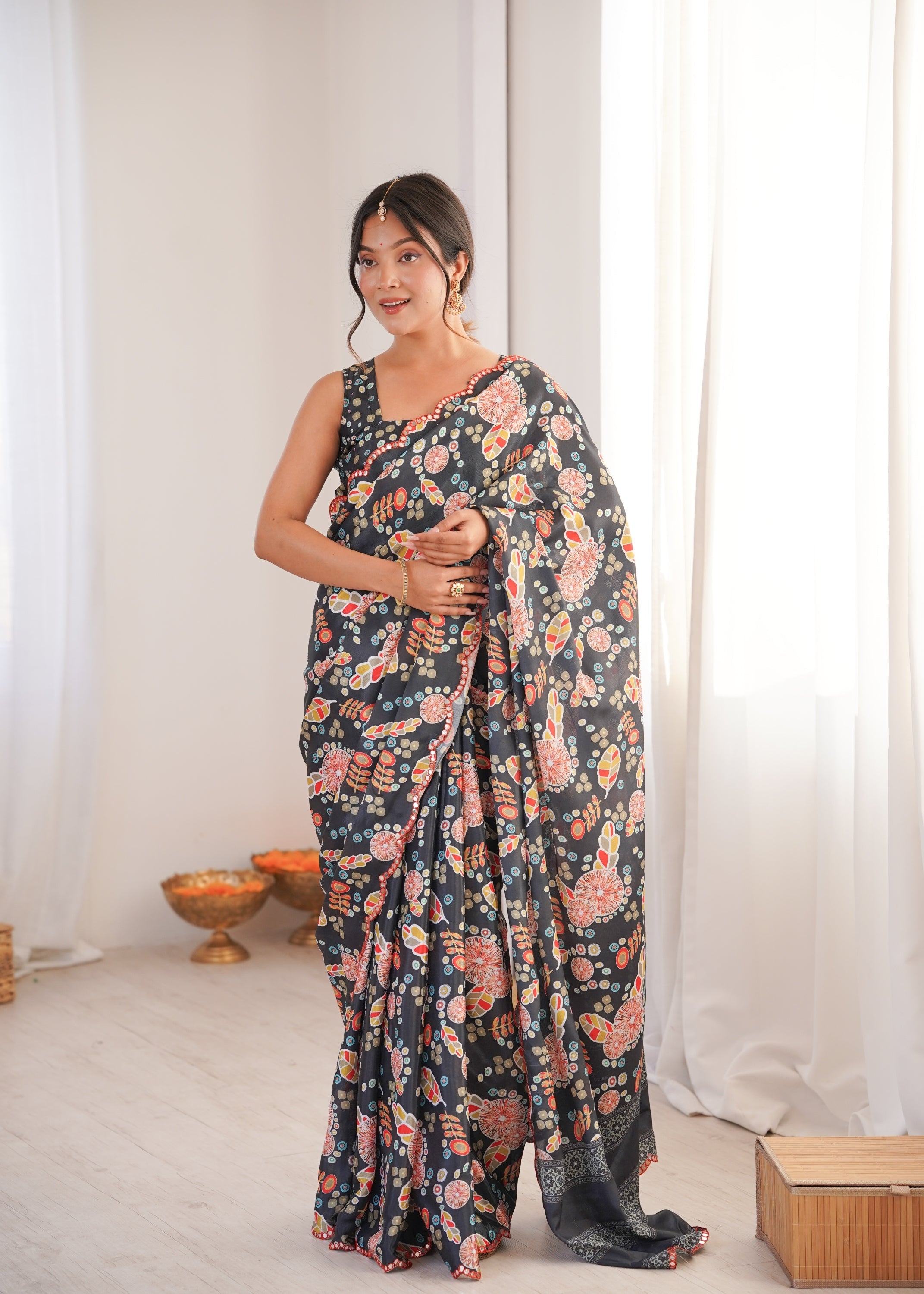 Jyoti Fashion Women's Black Chinon Digital Printed Designer Saree with Blouse