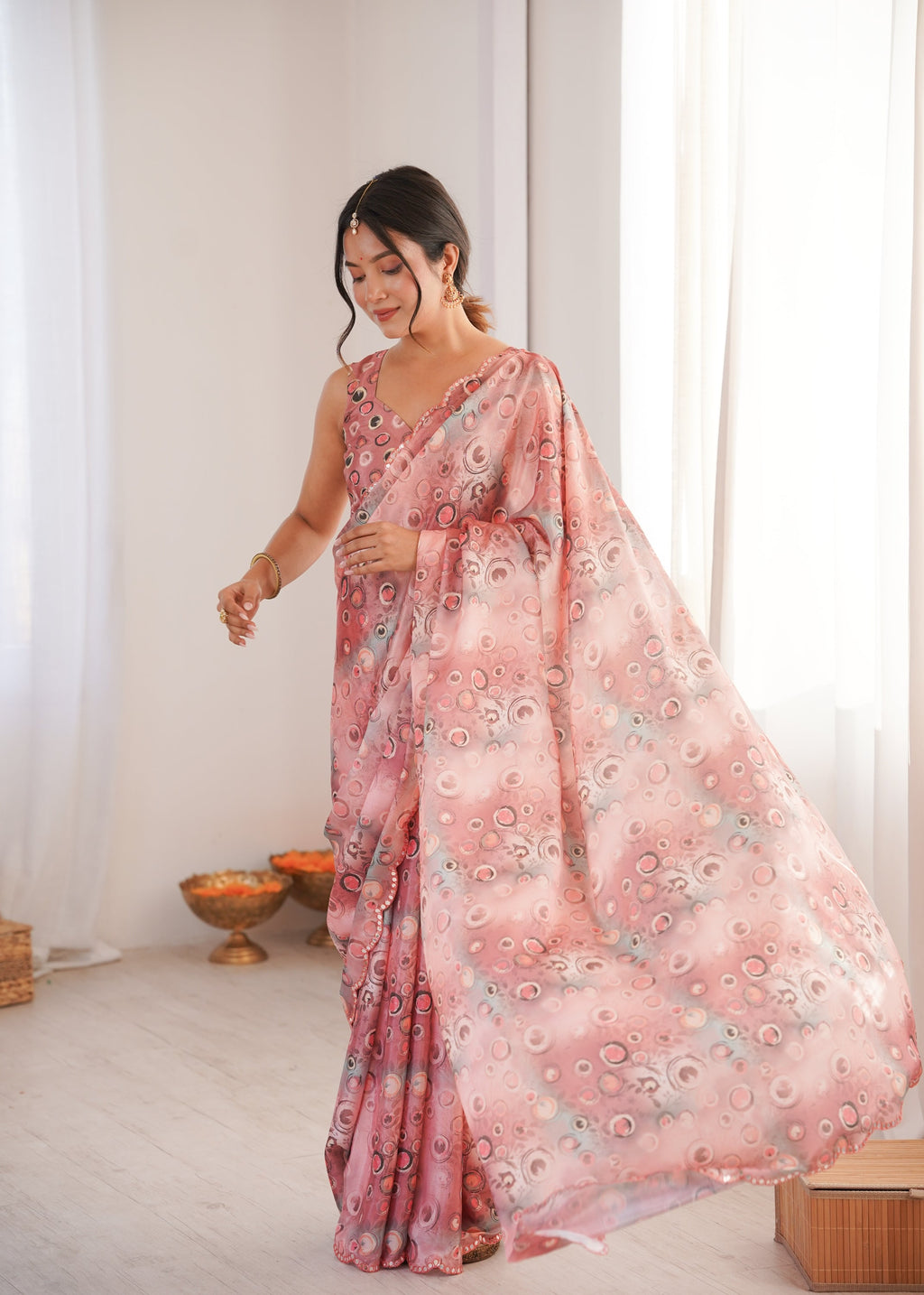 Jyoti Fashion Women's Peach Chinon Digital Printed Designer Saree with Blouse