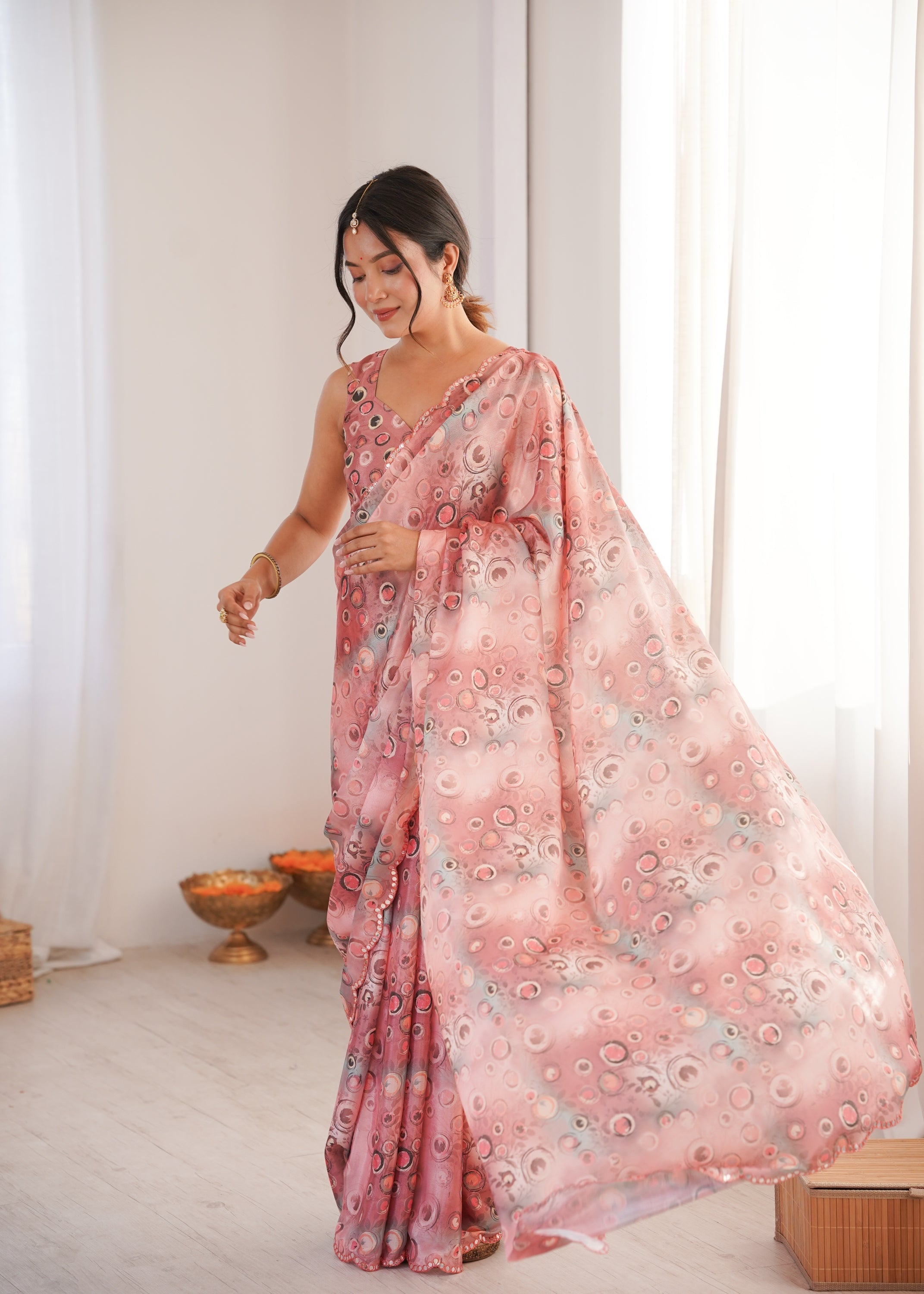 Jyoti Fashion Women's Peach Chinon Digital Printed Designer Saree with Blouse