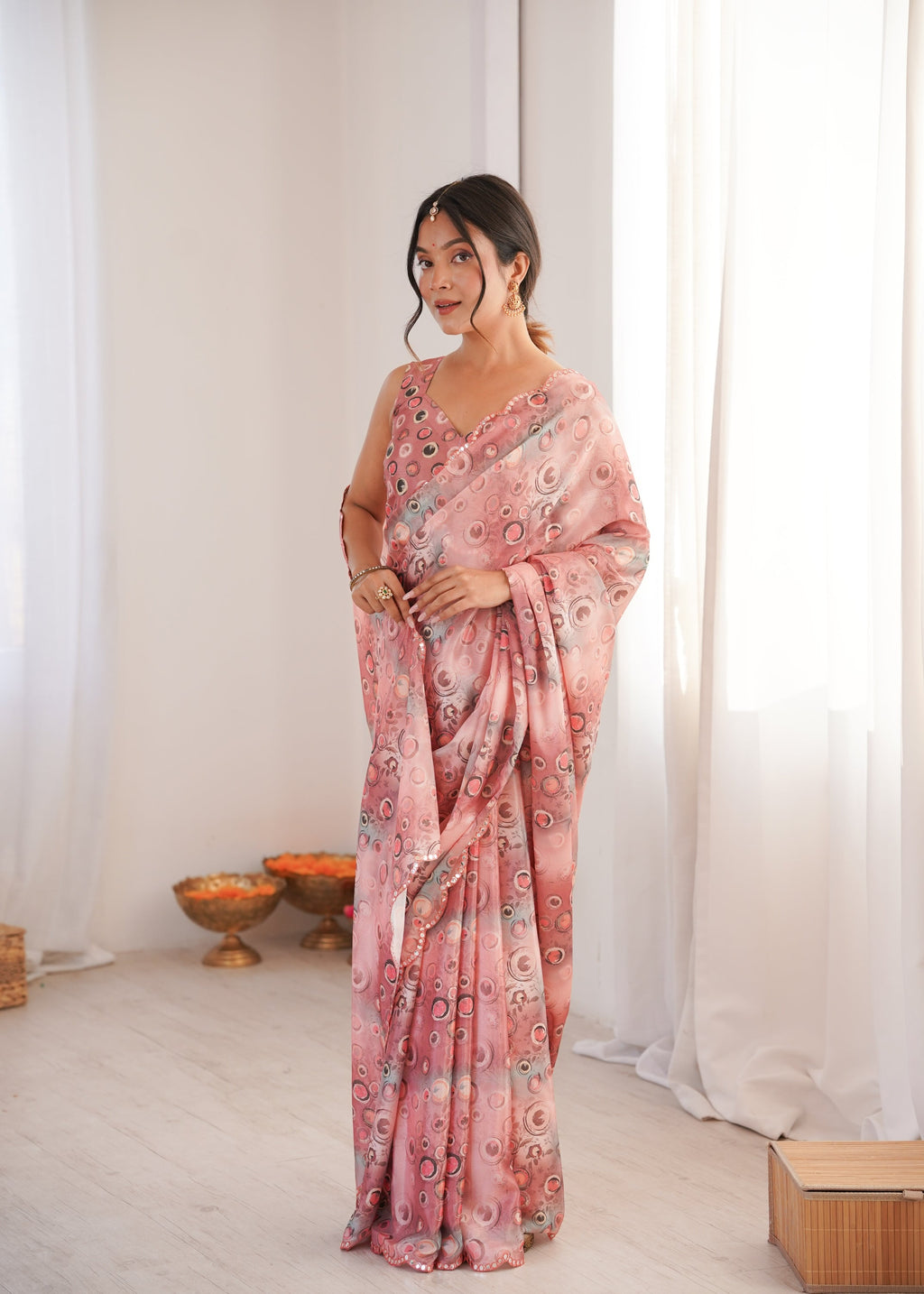 Jyoti Fashion Women's Peach Chinon Digital Printed Designer Saree with Blouse