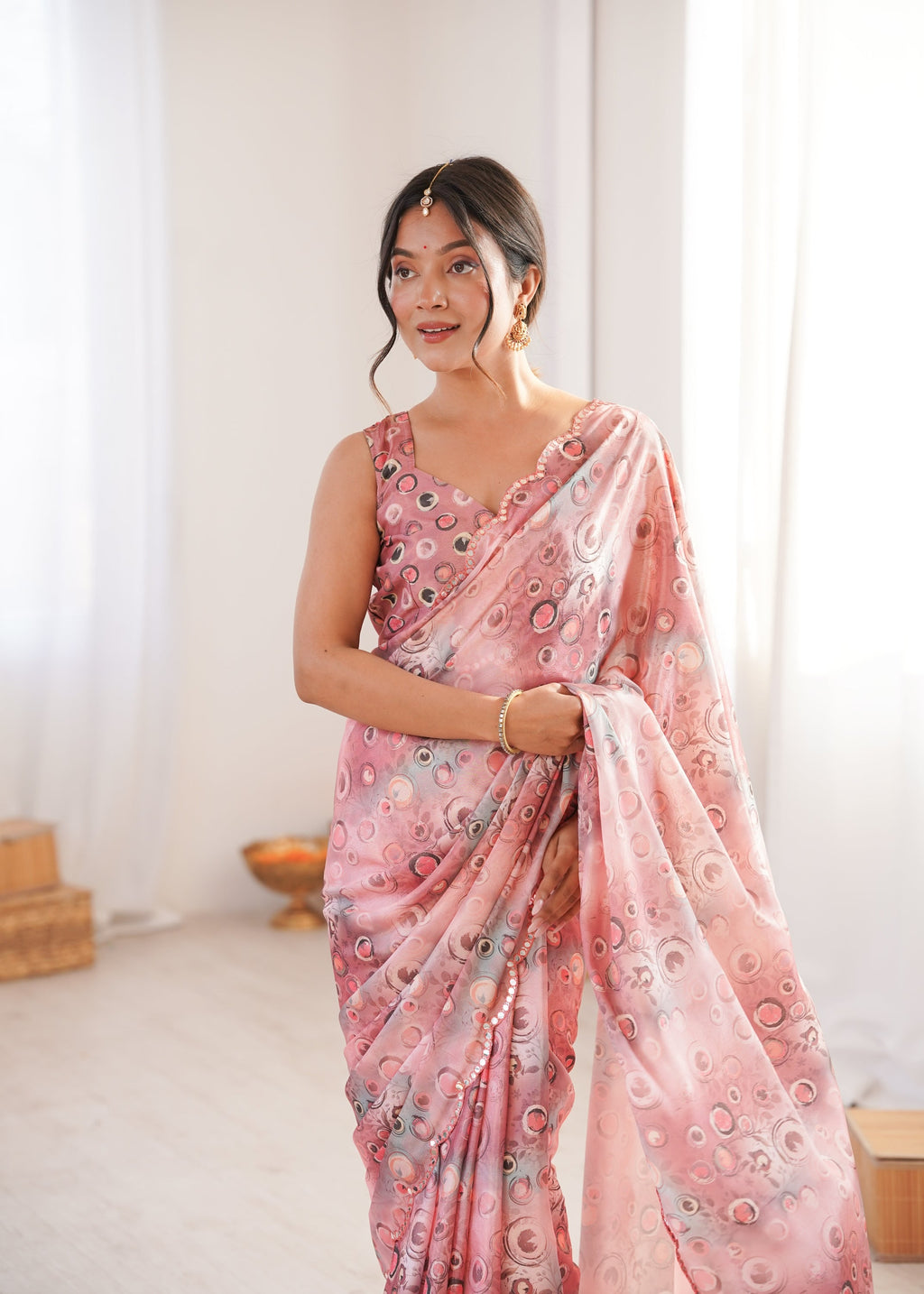 Jyoti Fashion Women's Peach Chinon Digital Printed Designer Saree with Blouse