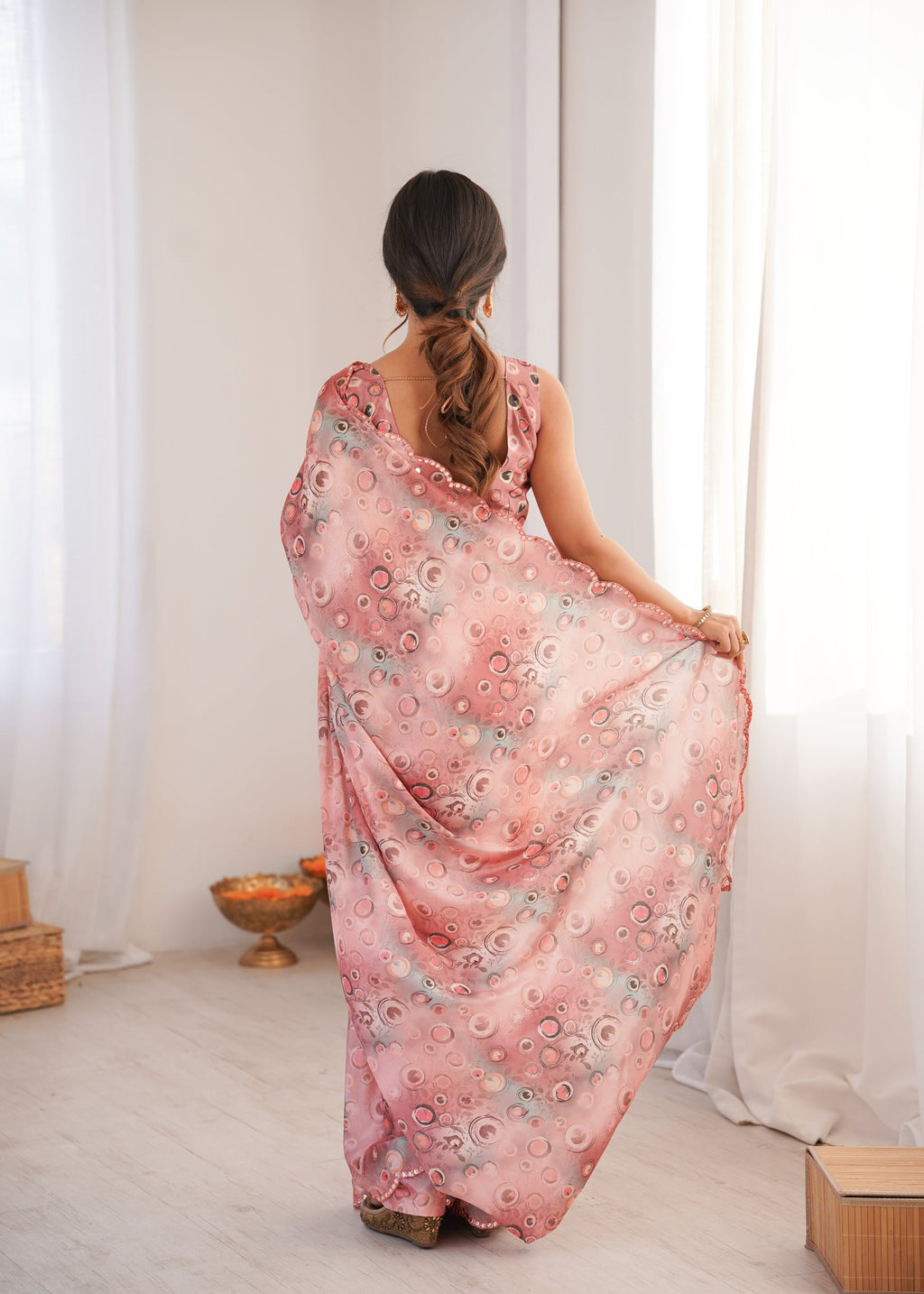 Jyoti Fashion Women's Peach Chinon Digital Printed Designer Saree with Blouse