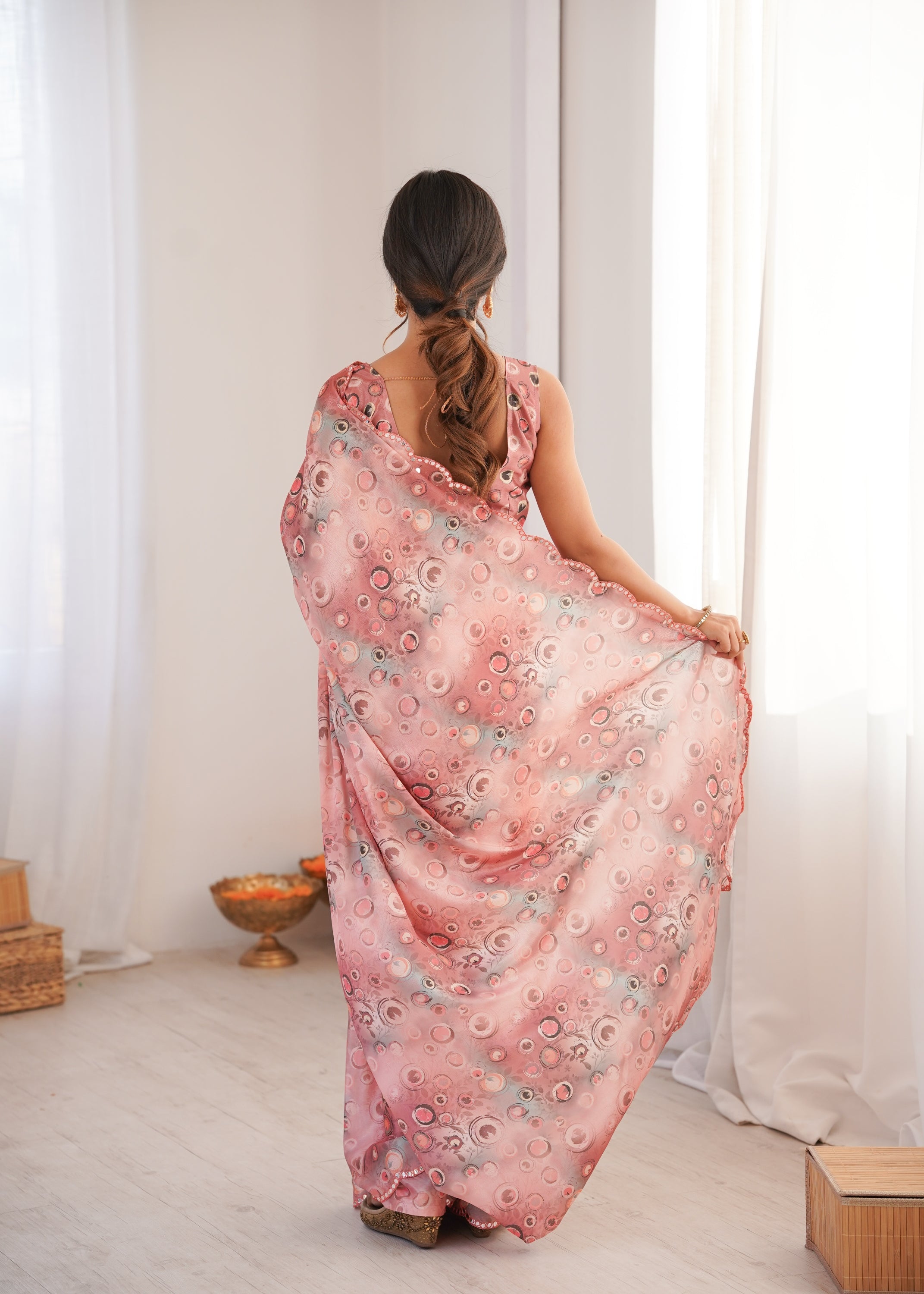 Jyoti Fashion Women's Peach Chinon Digital Printed Designer Saree with Blouse
