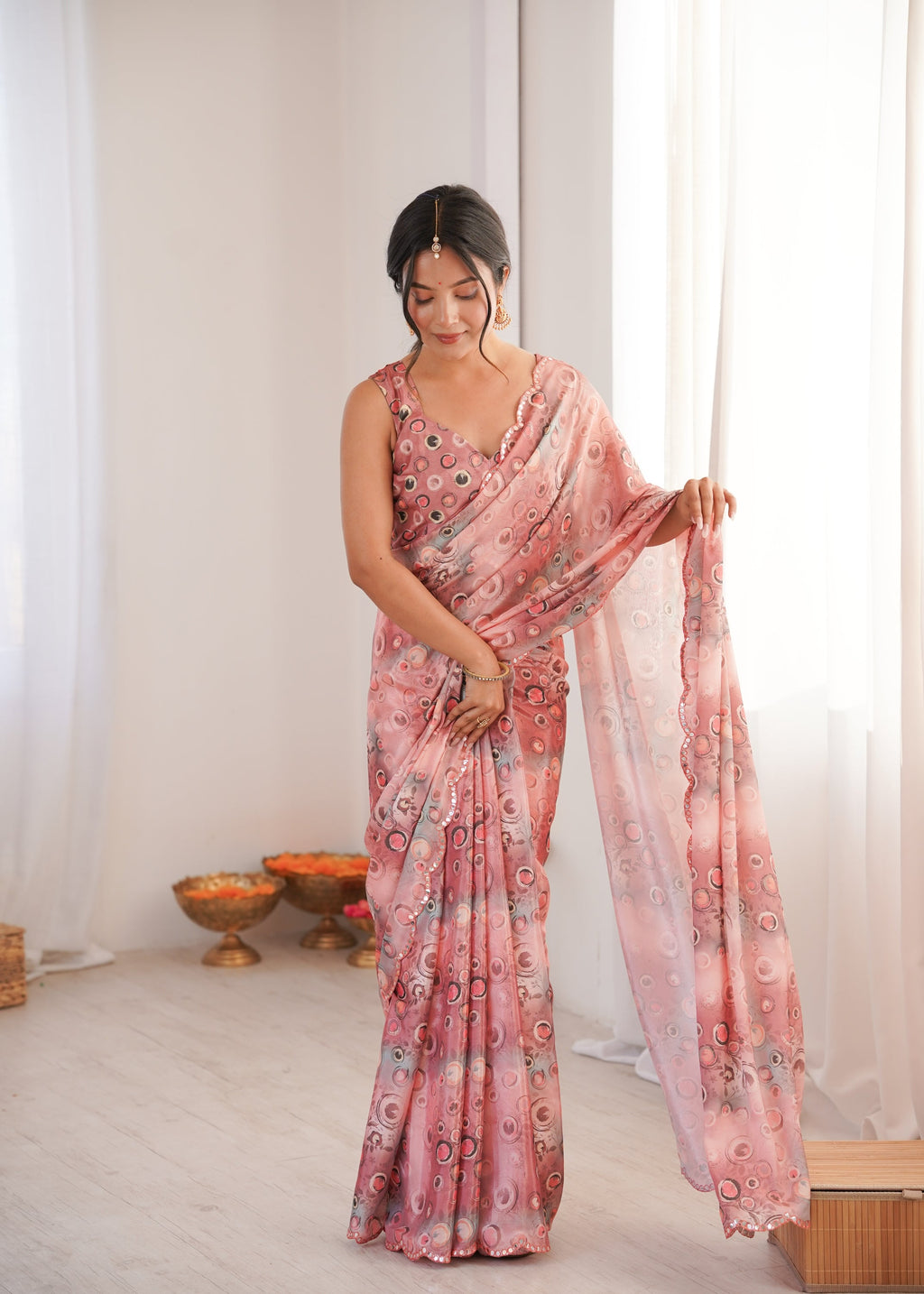 Jyoti Fashion Women's Peach Chinon Digital Printed Designer Saree with Blouse