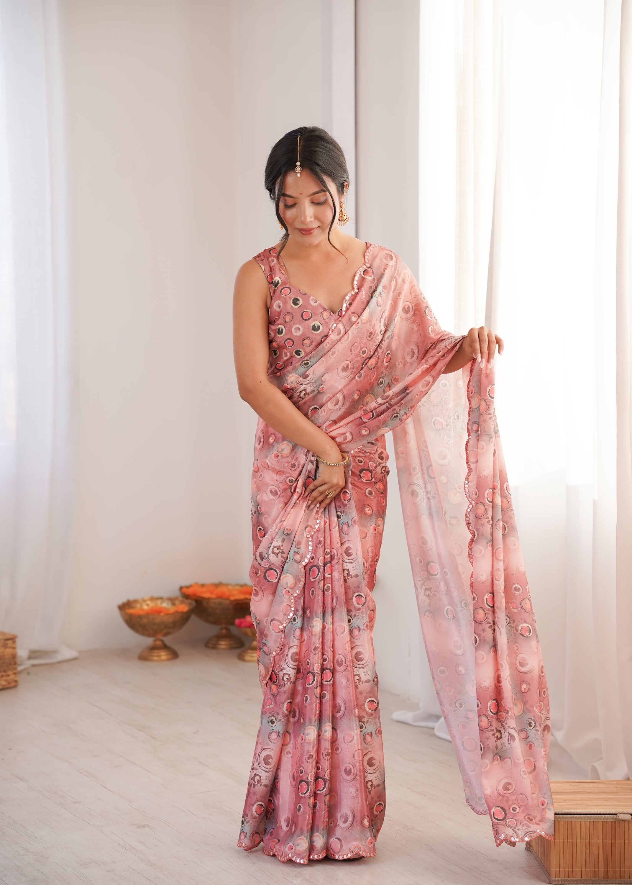 Jyoti Fashion Women's Peach Chinon Digital Printed Designer Saree with Blouse