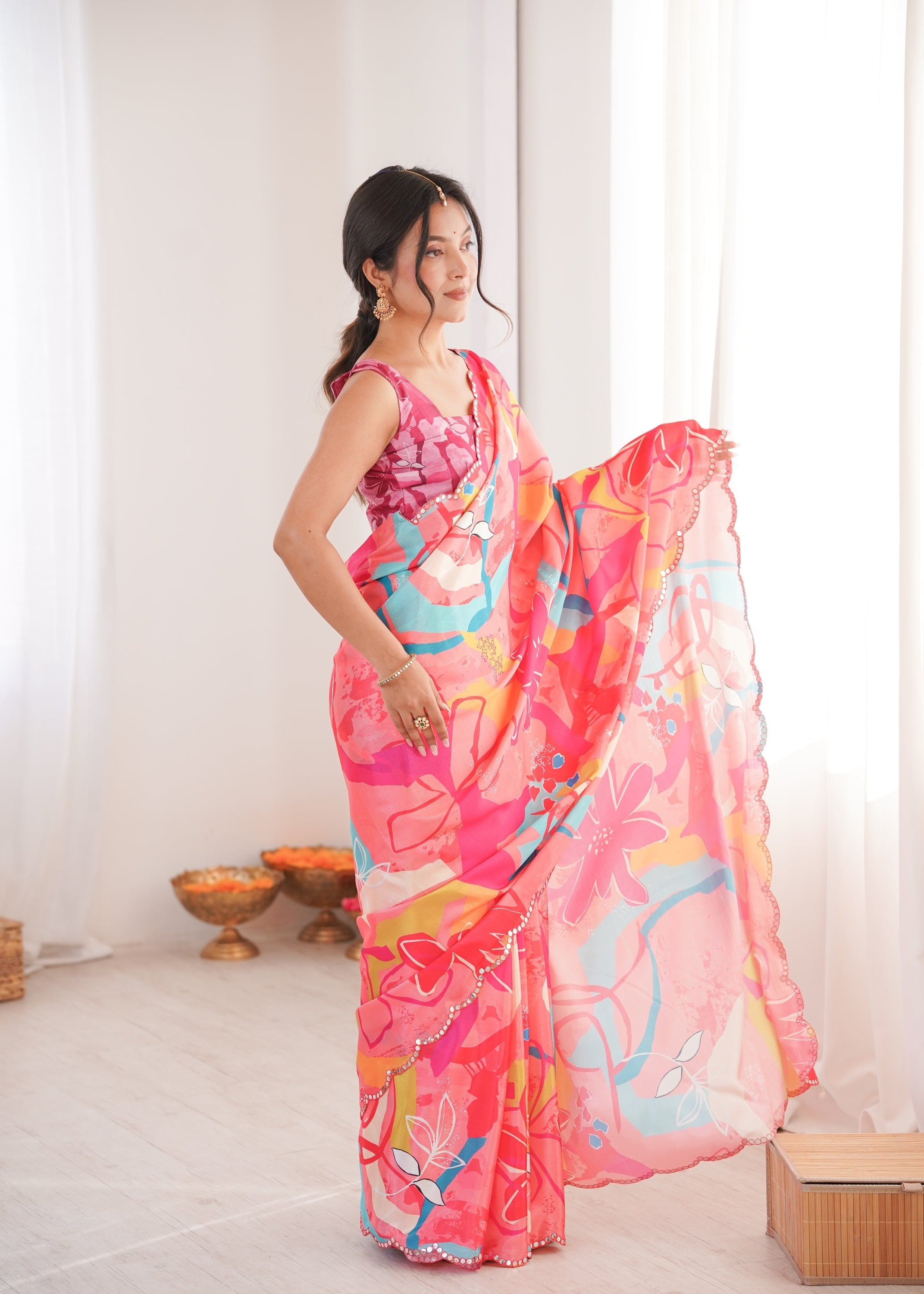 Jyoti Fashion Women's Multicolor Chinon Digital Printed Designer Saree with Blouse