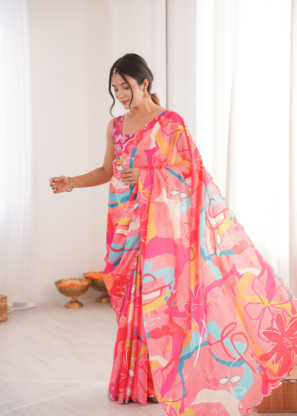 Jyoti Fashion Women's Multicolor Chinon Digital Printed Designer Saree with Blouse