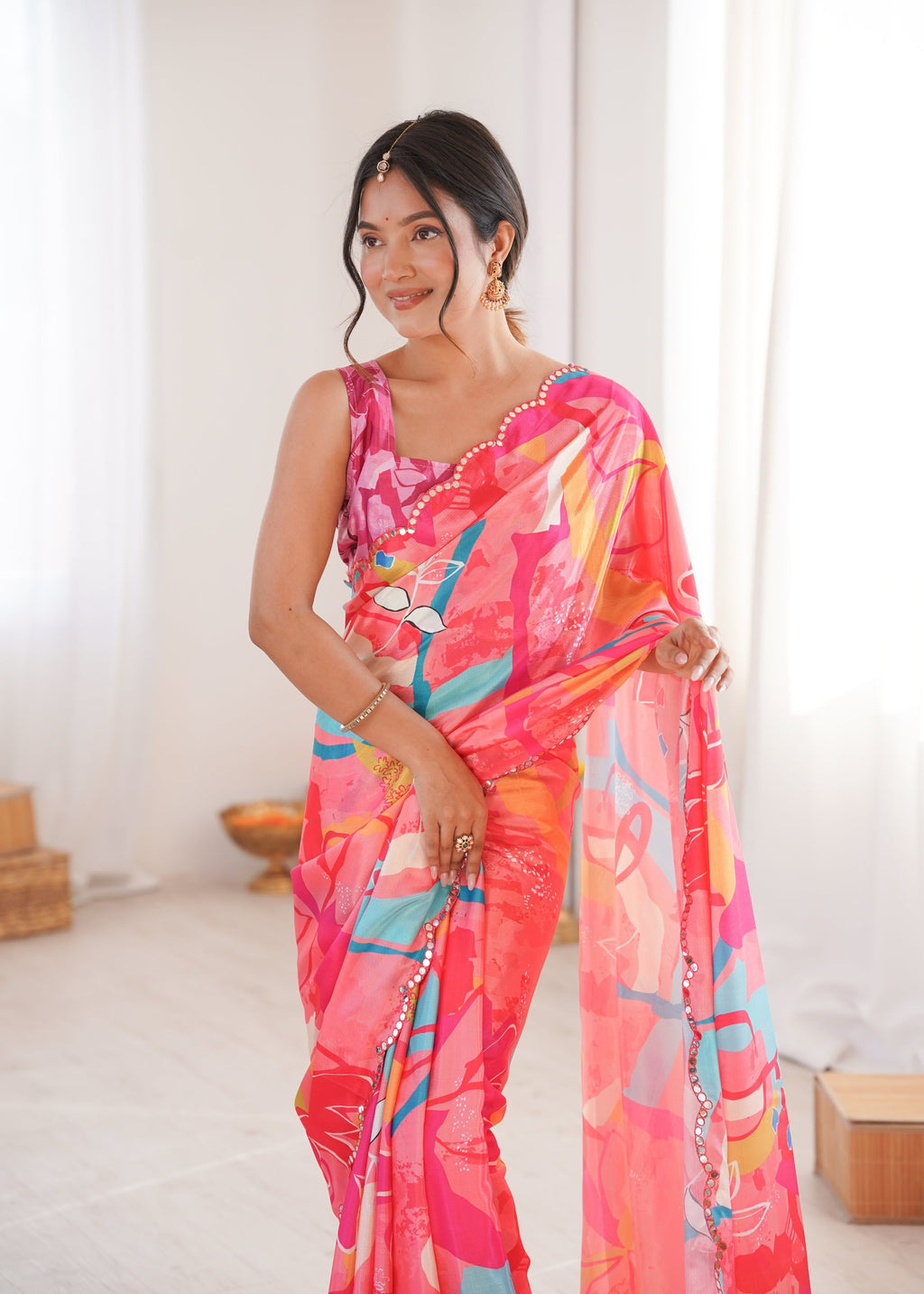 Jyoti Fashion Women's Multicolor Chinon Digital Printed Designer Saree with Blouse
