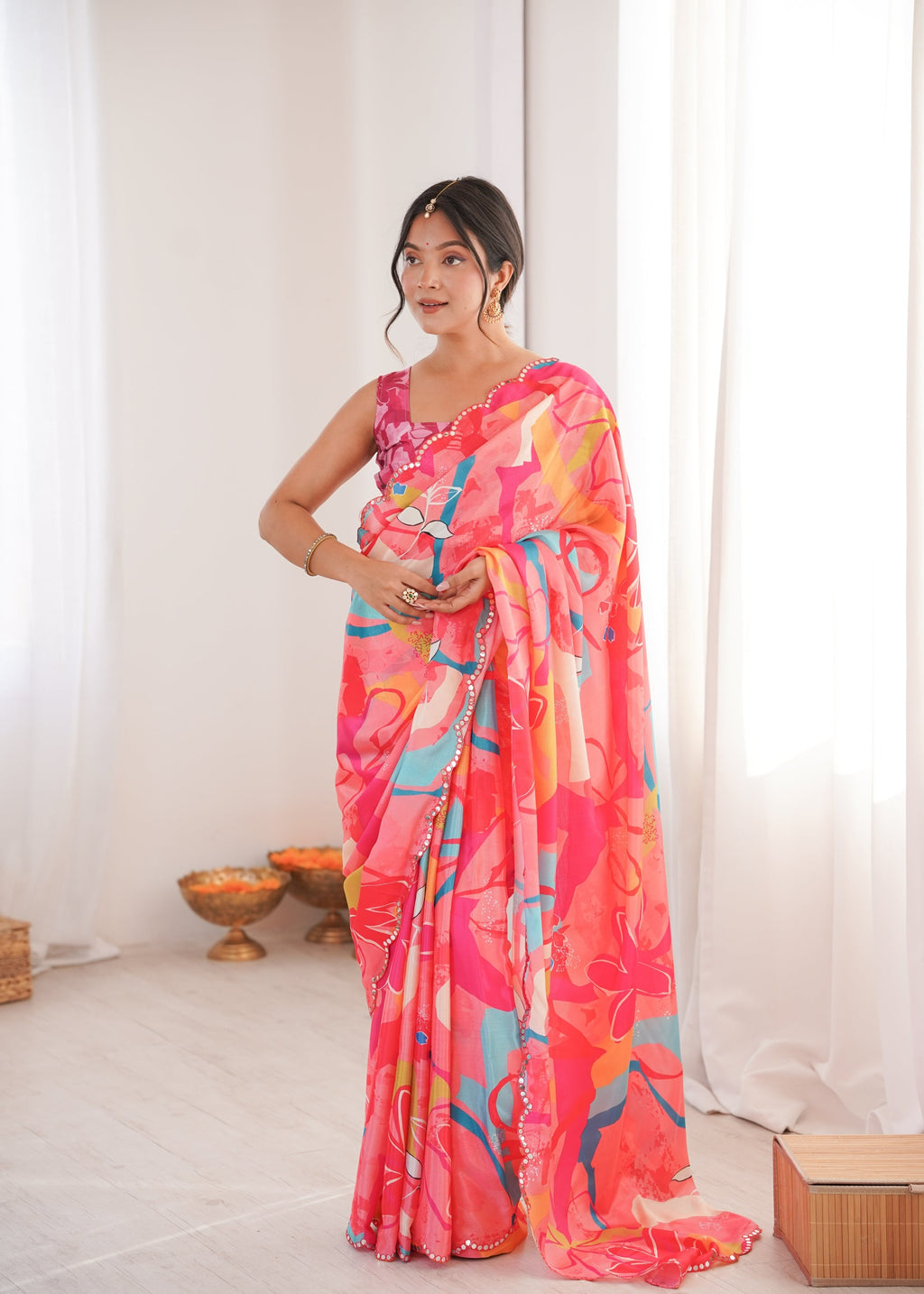Jyoti Fashion Women's Multicolor Chinon Digital Printed Designer Saree with Blouse