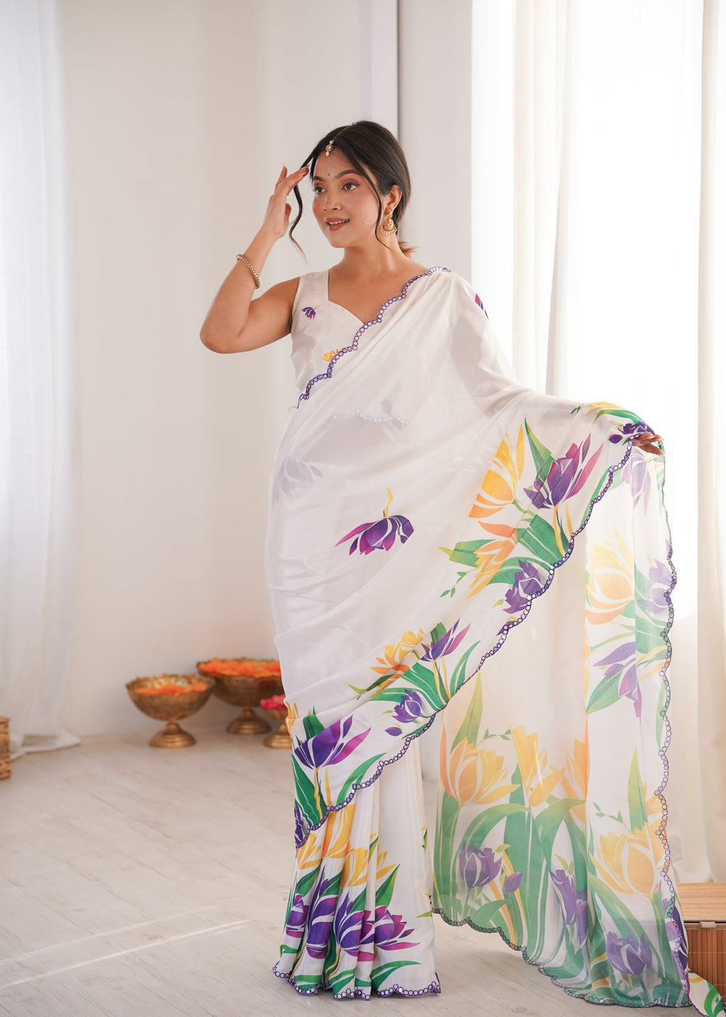 Jyoti Fashion Women's White Chinon Digital Printed Designer Saree with Blouse