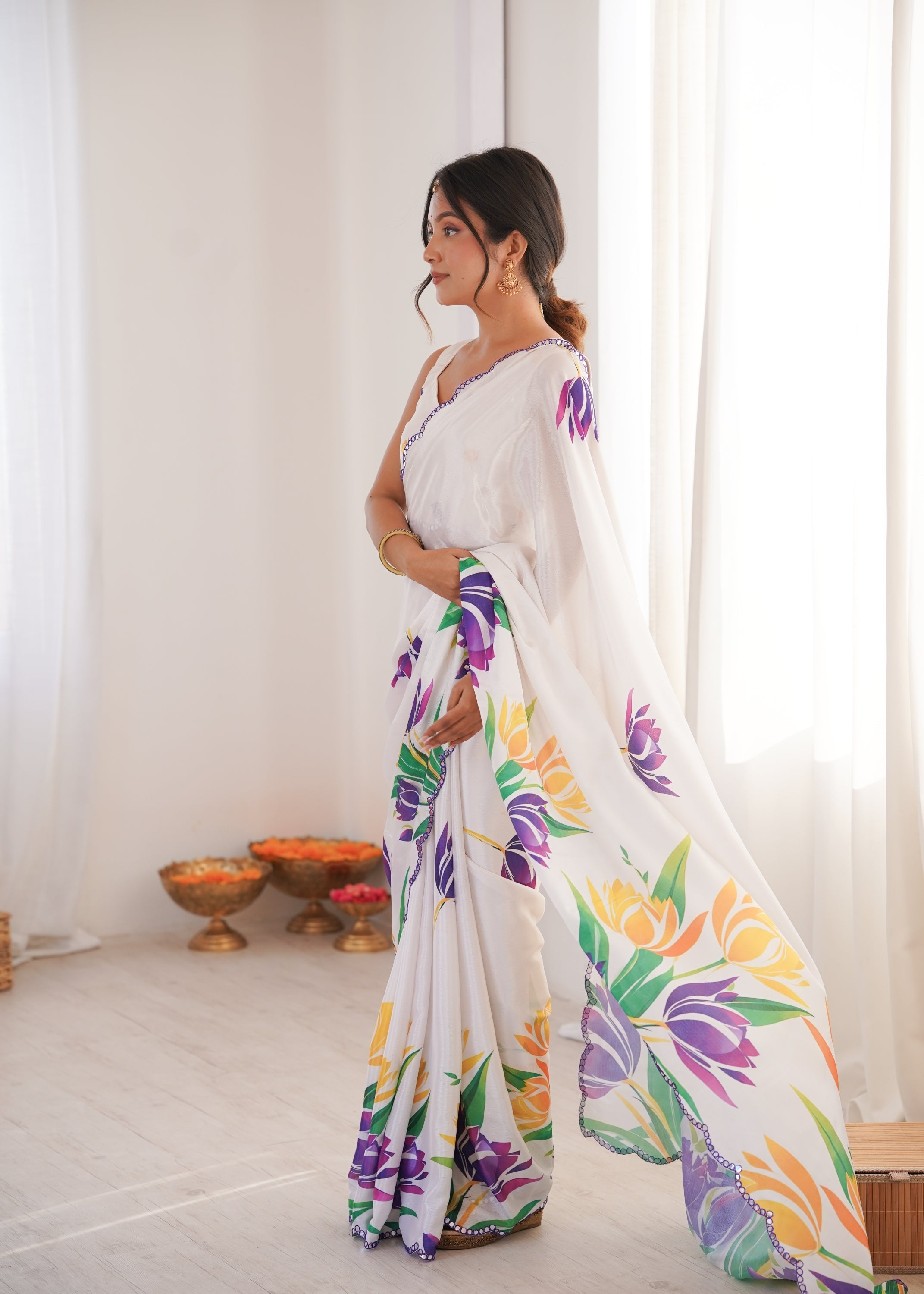 Jyoti Fashion Women's White Chinon Digital Printed Designer Saree with Blouse