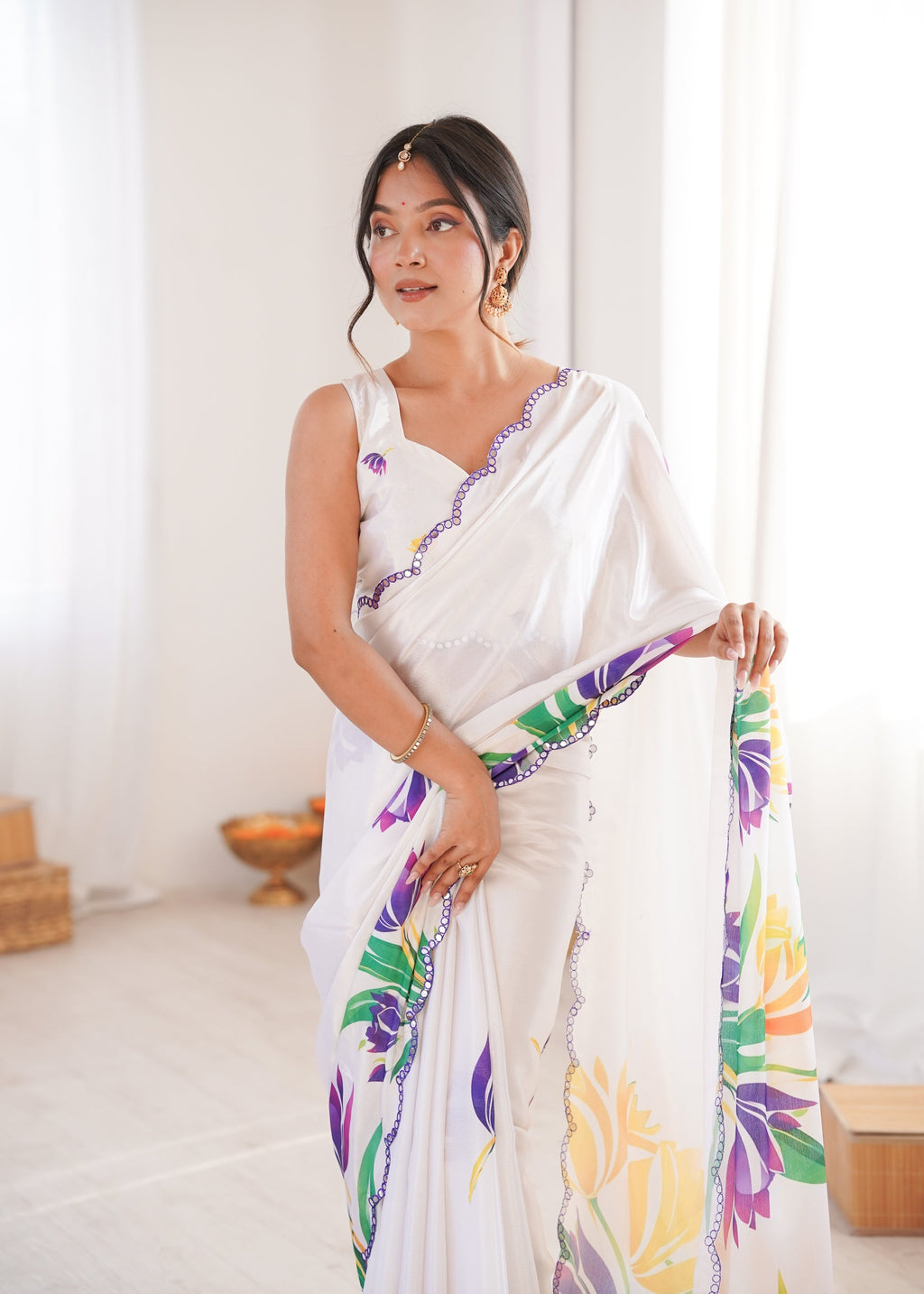 Jyoti Fashion Women's White Chinon Digital Printed Designer Saree with Blouse