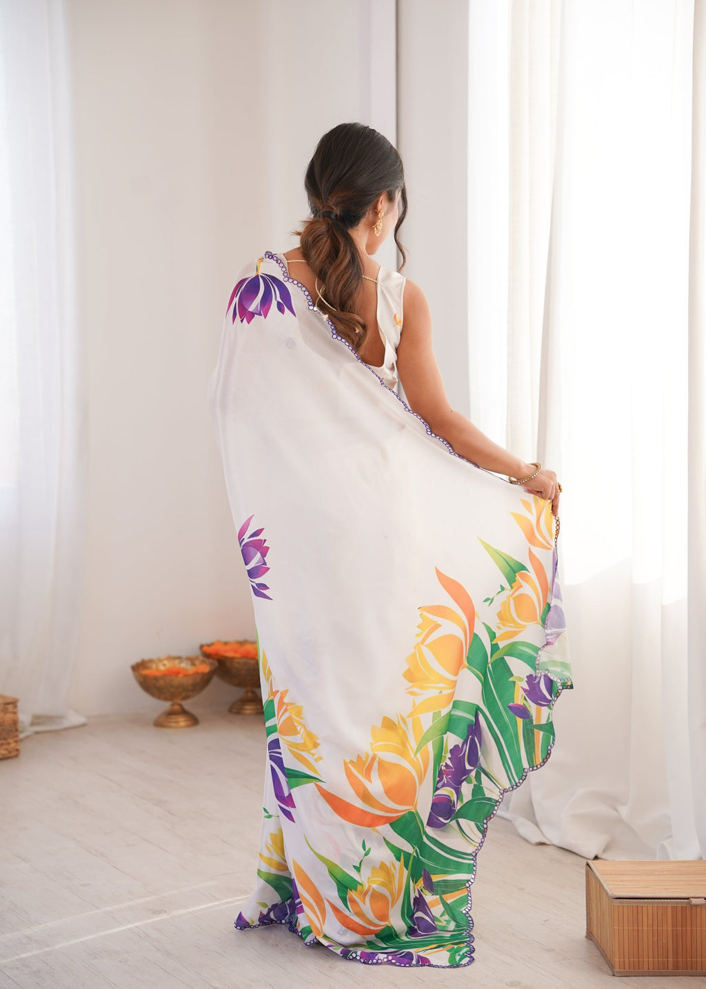 Jyoti Fashion Women's White Chinon Digital Printed Designer Saree with Blouse