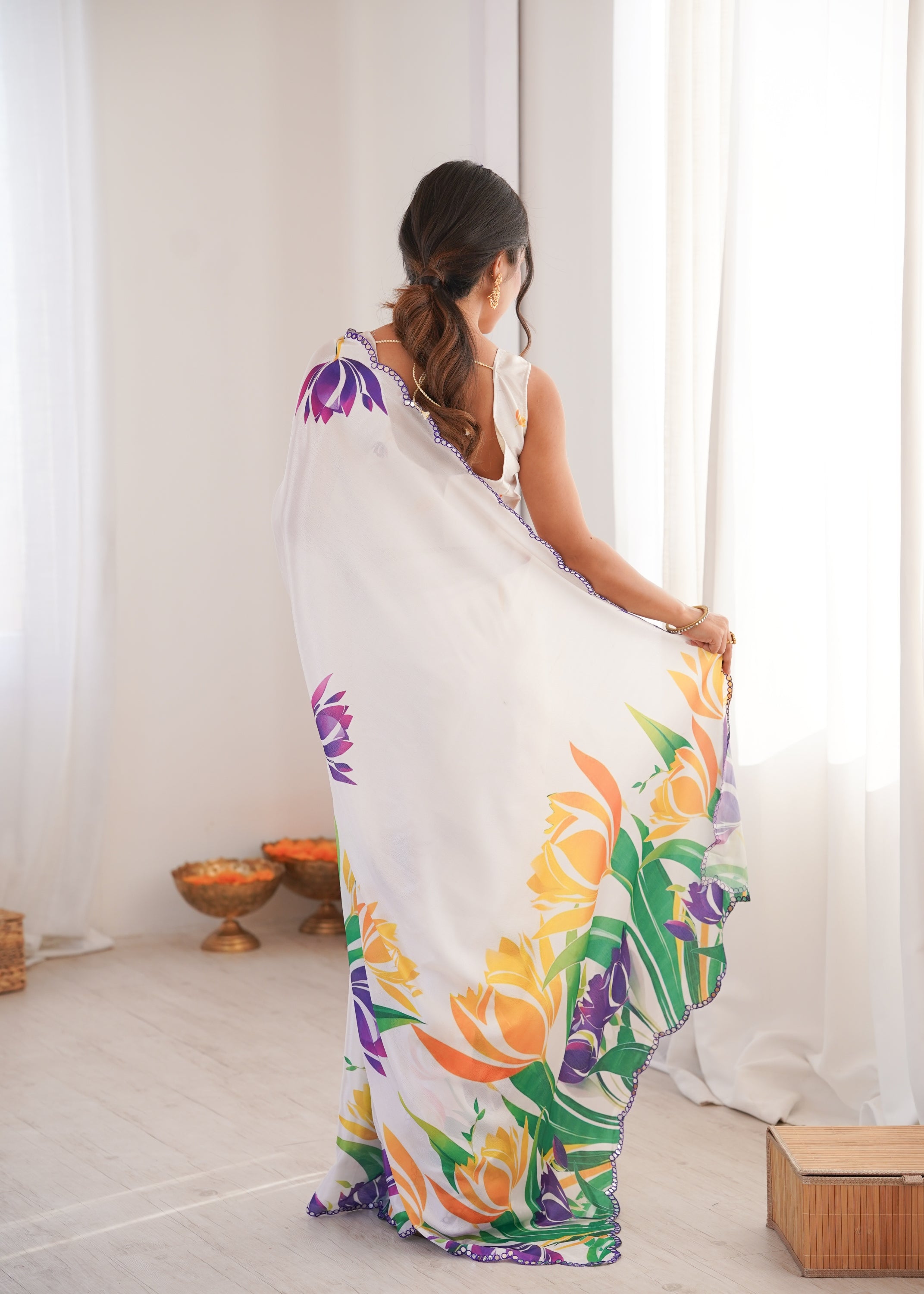 Jyoti Fashion Women's White Chinon Digital Printed Designer Saree with Blouse