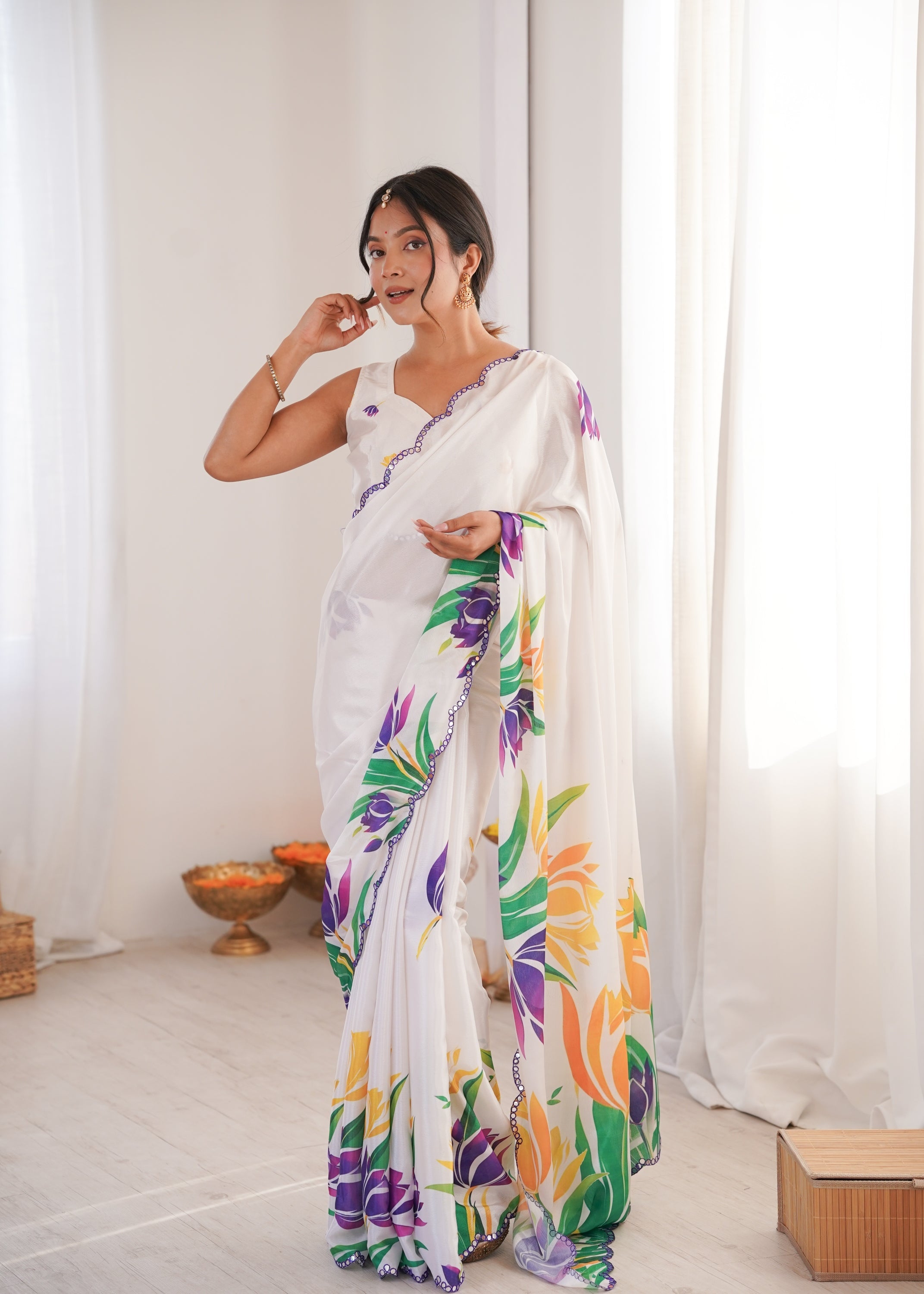 Jyoti Fashion Women's White Chinon Digital Printed Designer Saree with Blouse