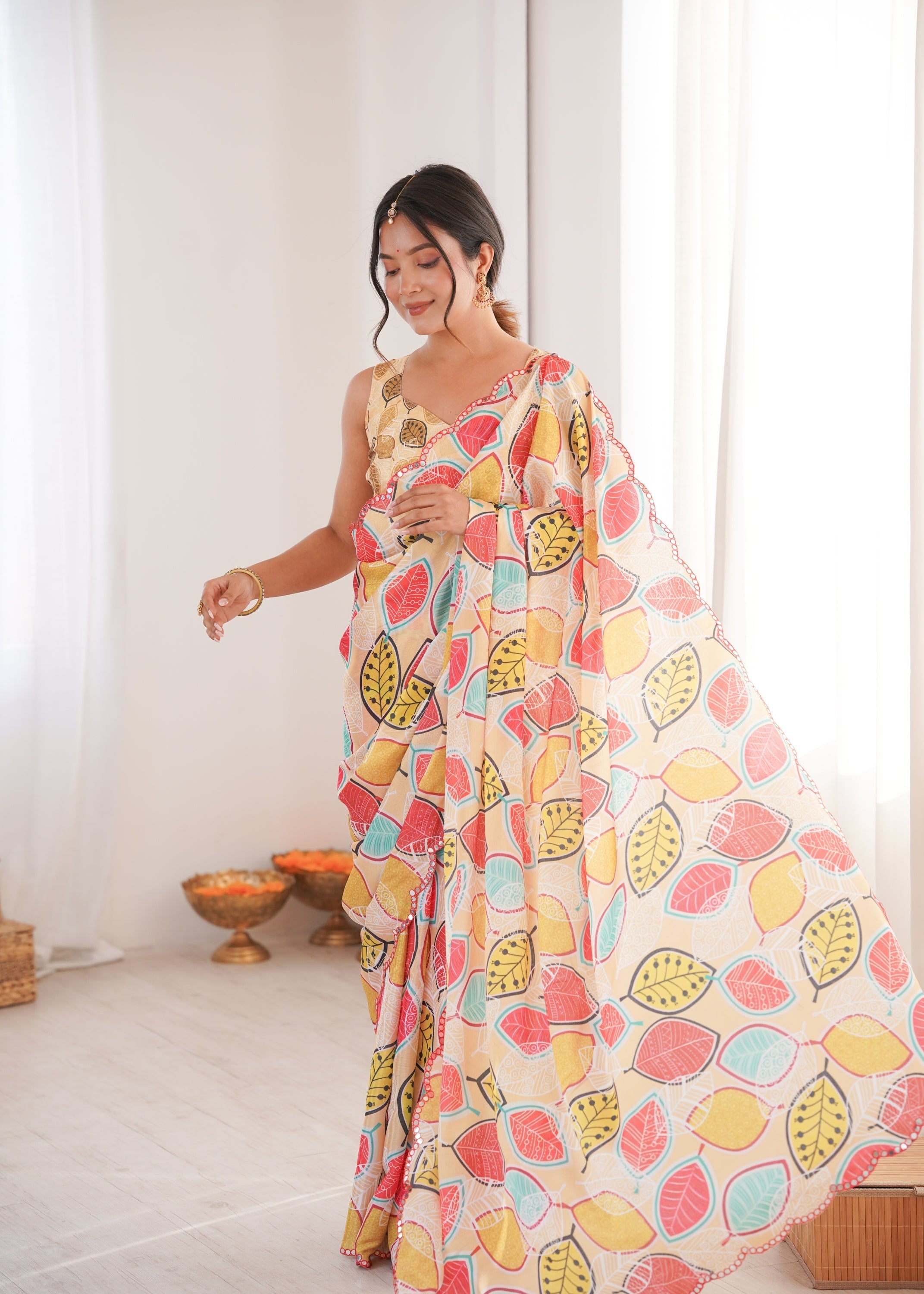 Jyoti Fashion Women's Multicolor Chinon Digital Printed Designer Saree with Blouse