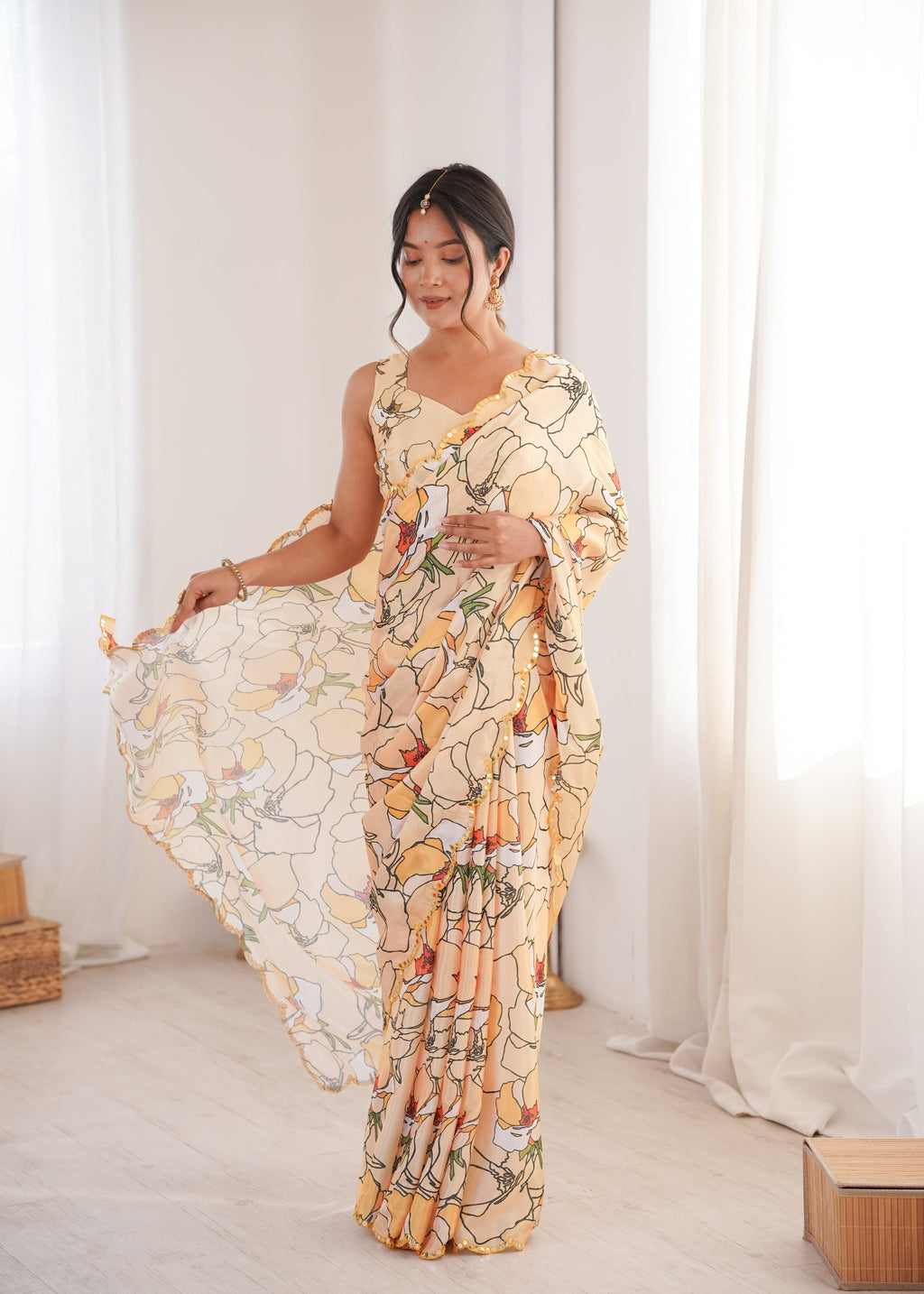 Jyoti Fashion Women's Cream Chinon Digital Printed Designer Saree with Blouse