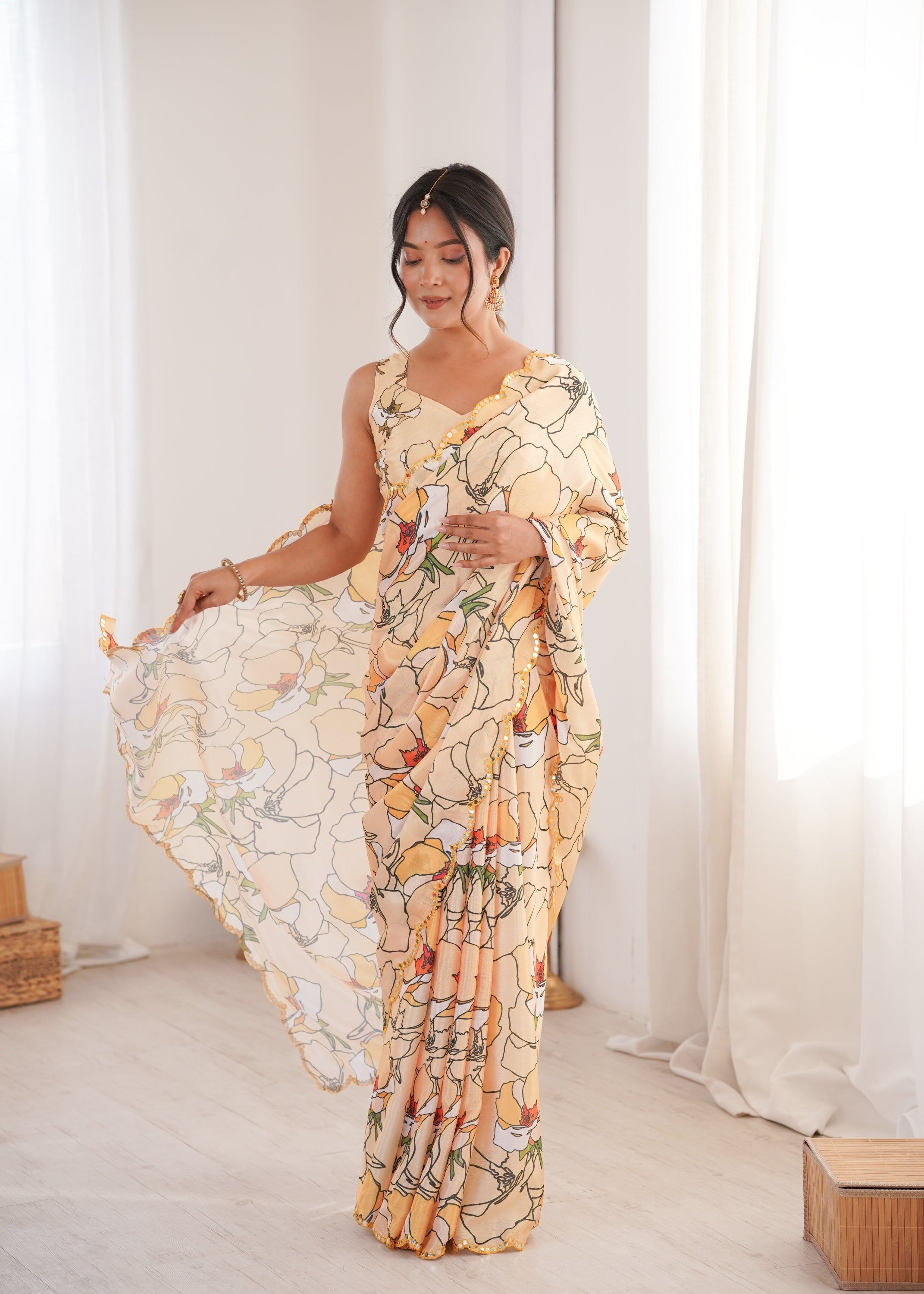 Jyoti Fashion Women's Cream Chinon Digital Printed Designer Saree with Blouse