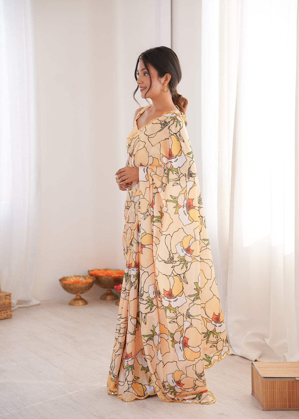 Jyoti Fashion Women's Cream Chinon Digital Printed Designer Saree with Blouse