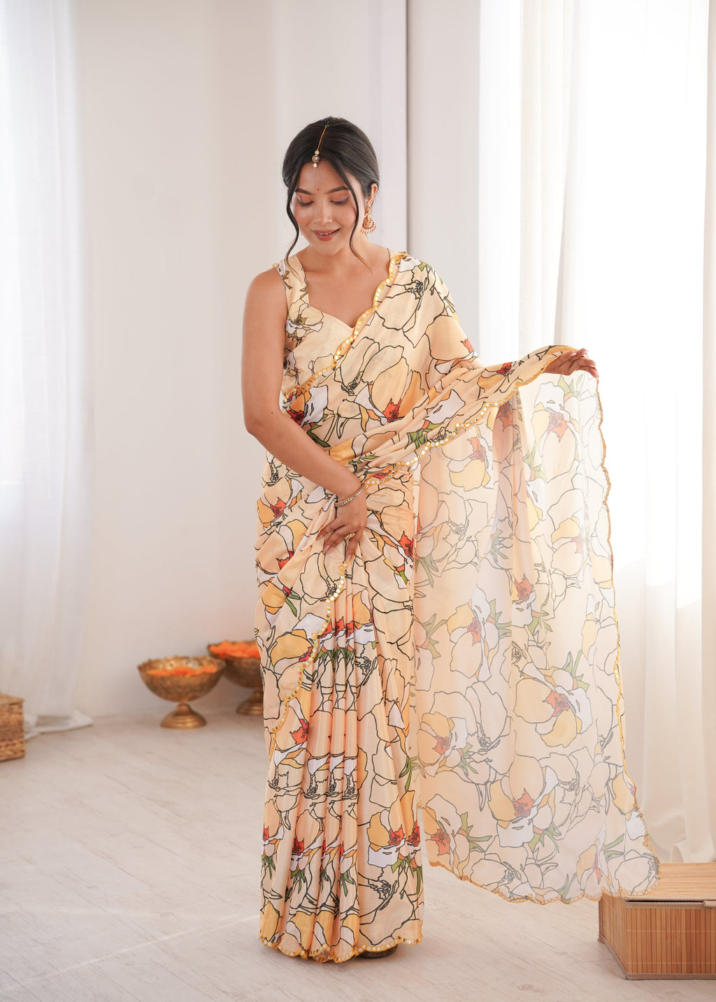 Jyoti Fashion Women's Cream Chinon Digital Printed Designer Saree with Blouse