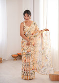 Jyoti Fashion Women's Cream Chinon Digital Printed Designer Saree with Blouse