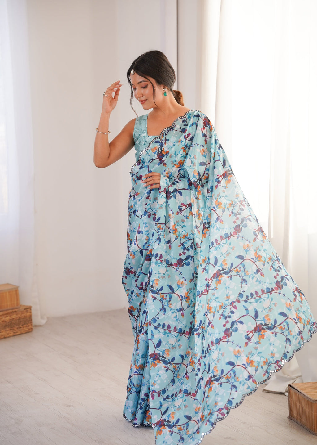 Jyoti Fashion Women's Sky Blue Chinon Digital Printed Designer Saree with Blouse