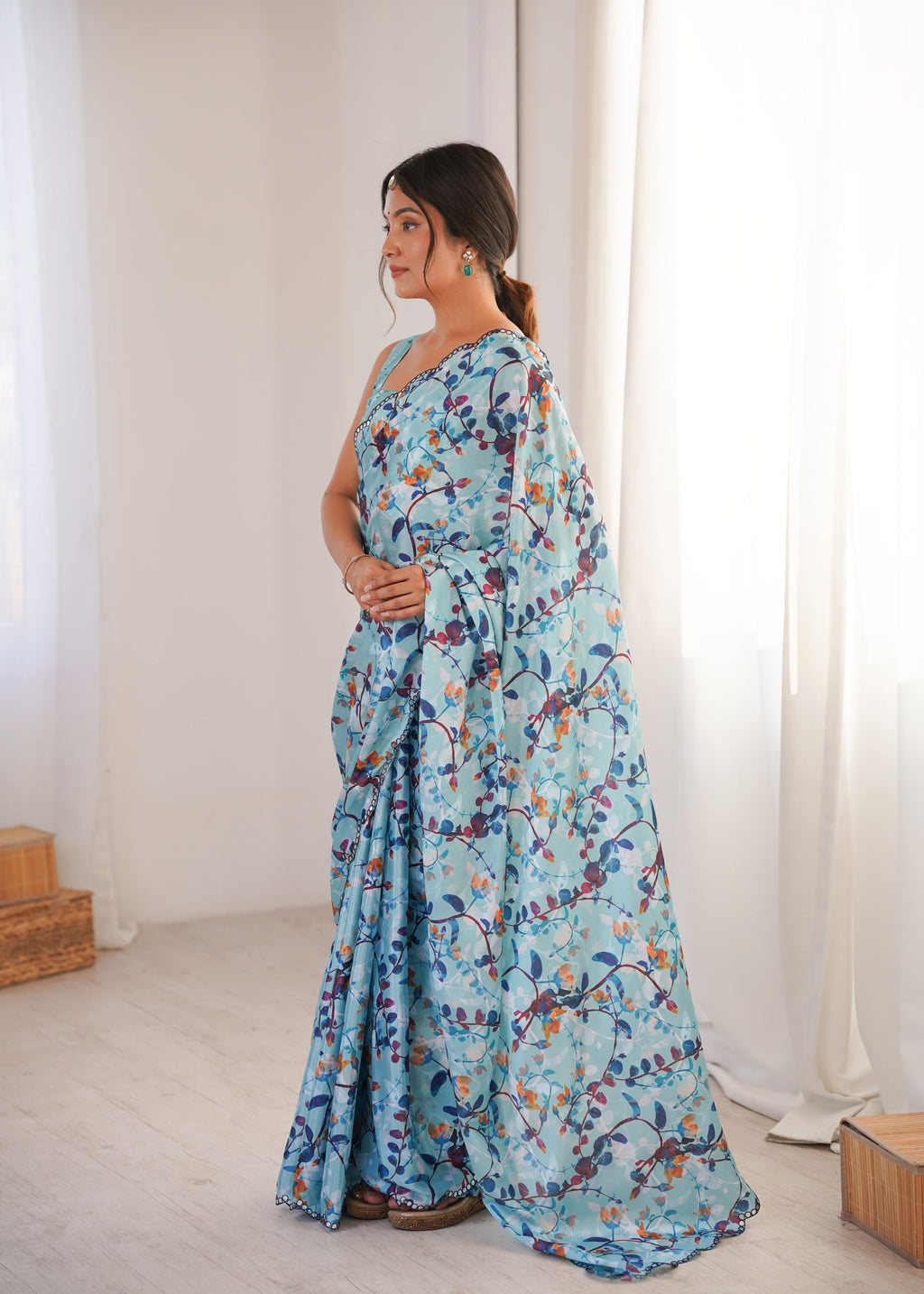 Jyoti Fashion Women's Sky Blue Chinon Digital Printed Designer Saree with Blouse