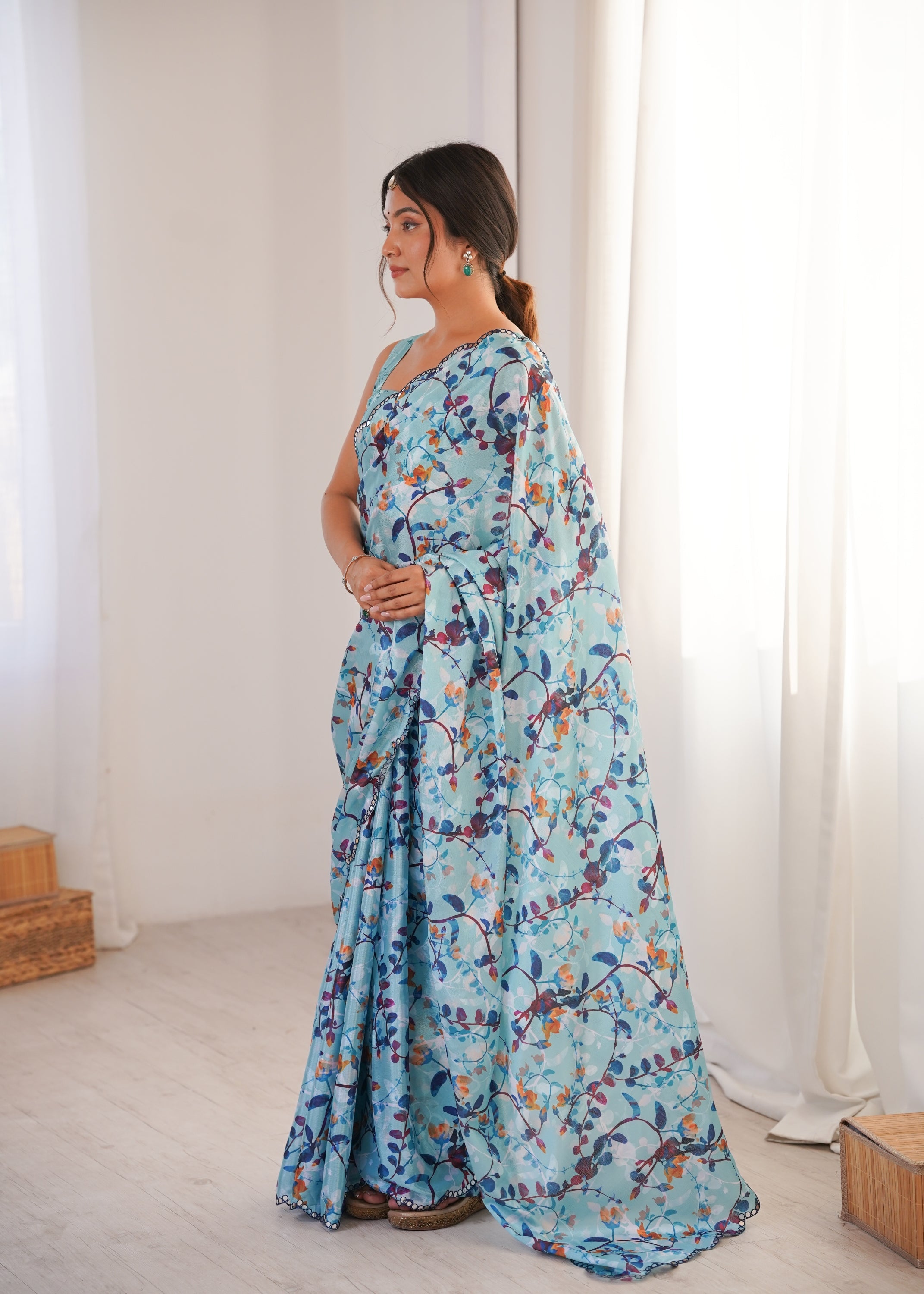 Jyoti Fashion Women's Sky Blue Chinon Digital Printed Designer Saree with Blouse