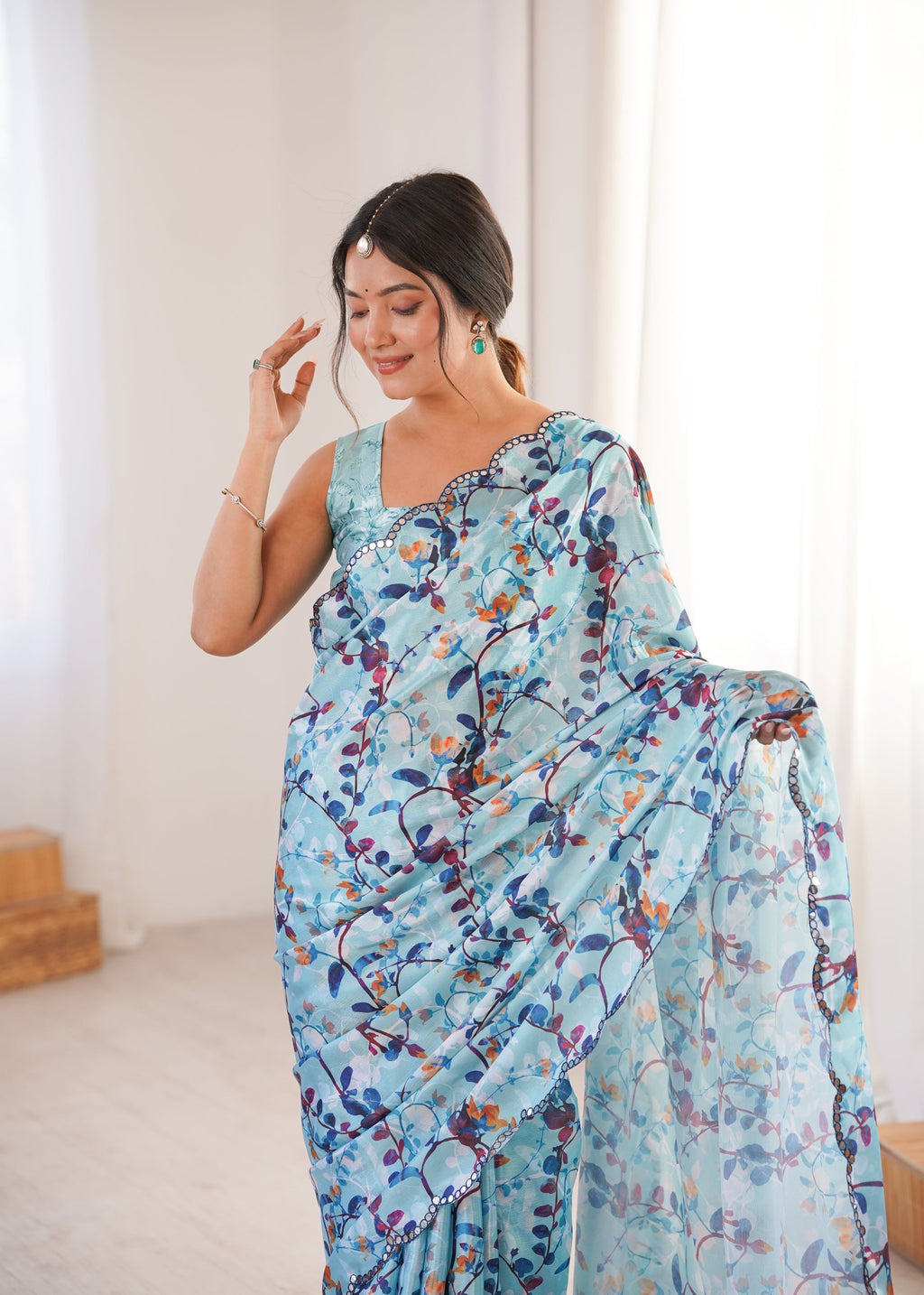 Jyoti Fashion Women's Sky Blue Chinon Digital Printed Designer Saree with Blouse