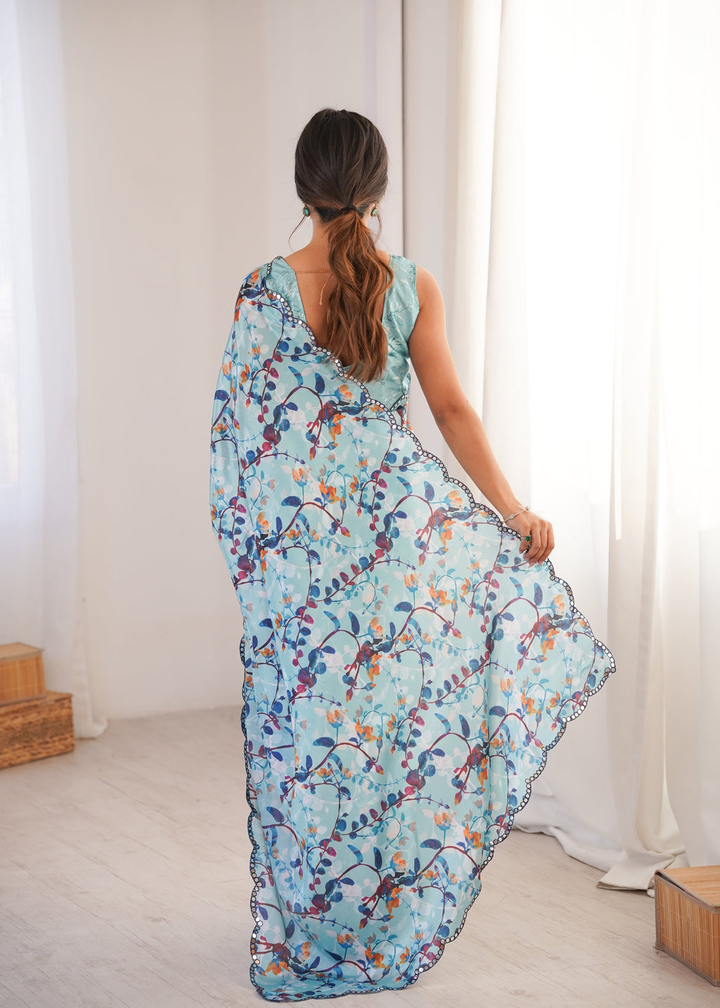Jyoti Fashion Women's Sky Blue Chinon Digital Printed Designer Saree with Blouse