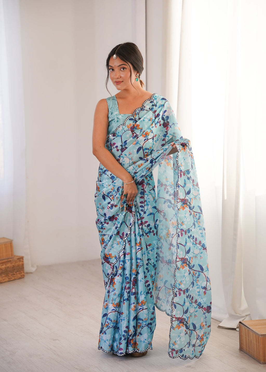 Jyoti Fashion Women's Sky Blue Chinon Digital Printed Designer Saree with Blouse