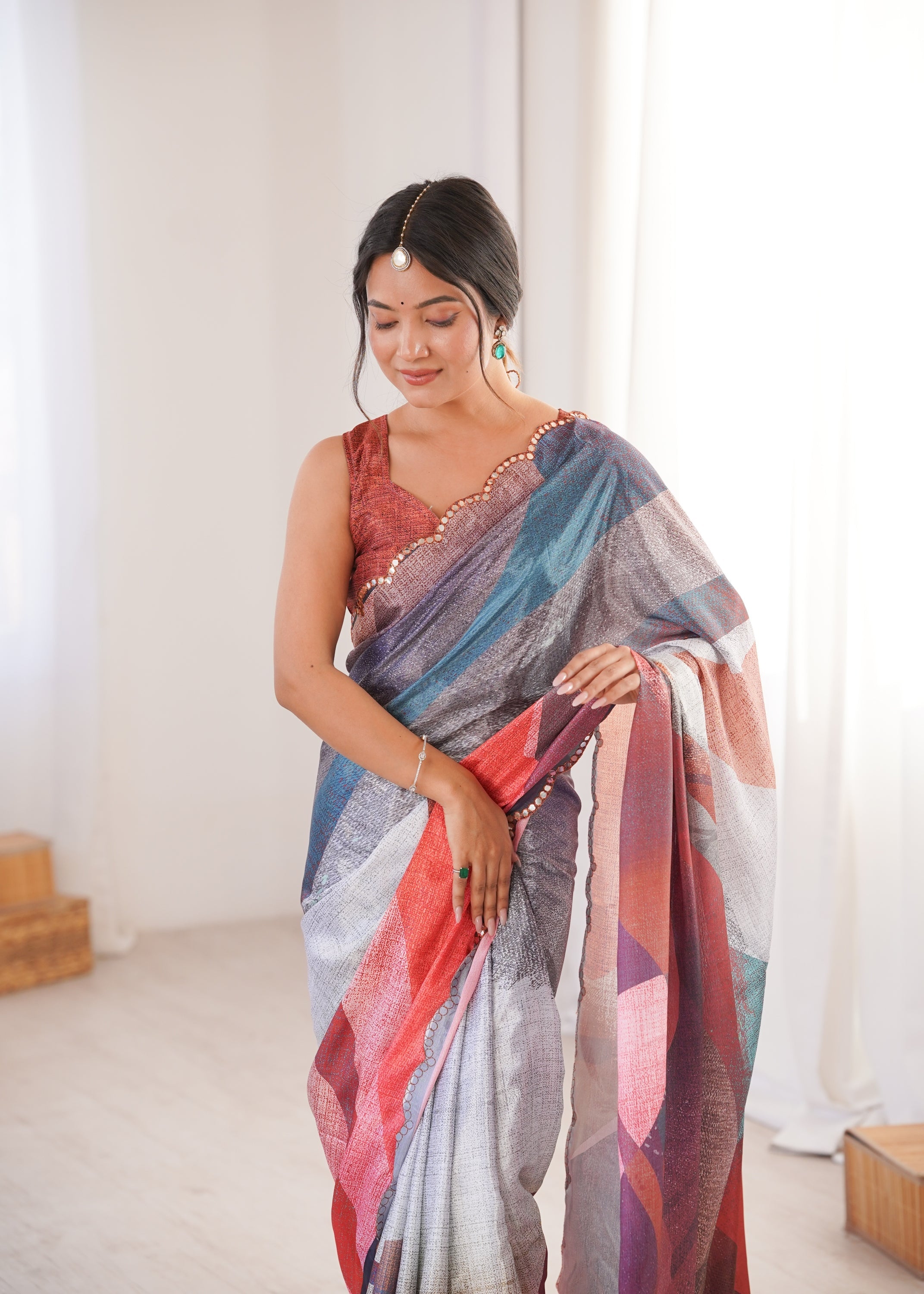 Jyoti Fashion Women's Multicolor Chinon Digital Printed Designer Saree with Blouse