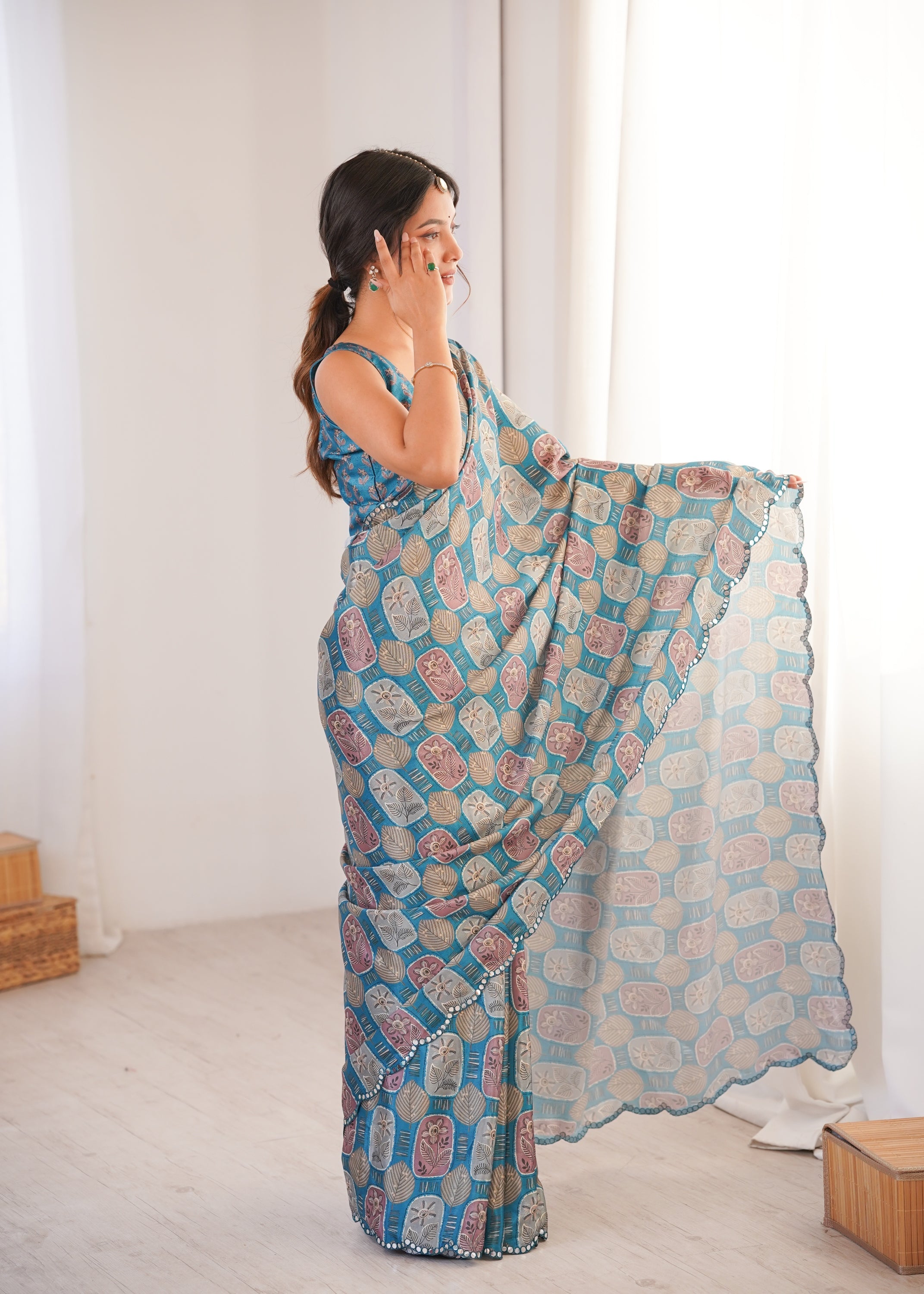 Jyoti Fashion Women's Teal Chinon Digital Printed Designer Saree with Blouse
