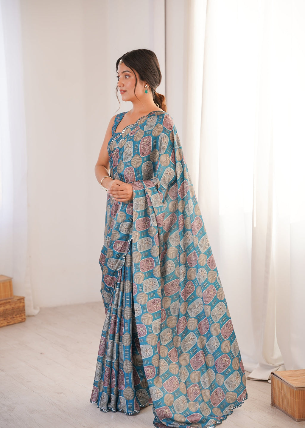 Jyoti Fashion Women's Teal Chinon Digital Printed Designer Saree with Blouse