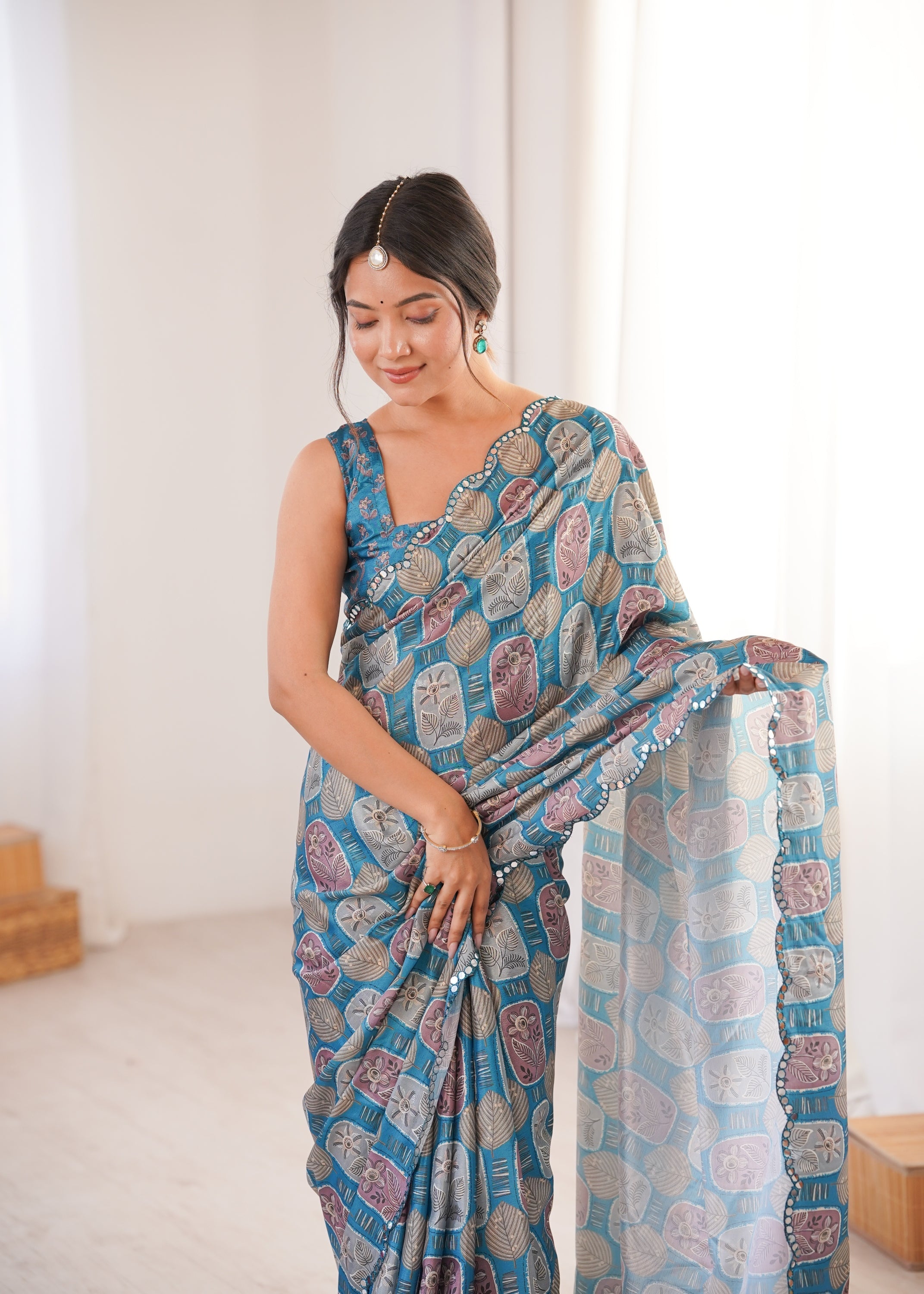 Jyoti Fashion Women's Teal Chinon Digital Printed Designer Saree with Blouse