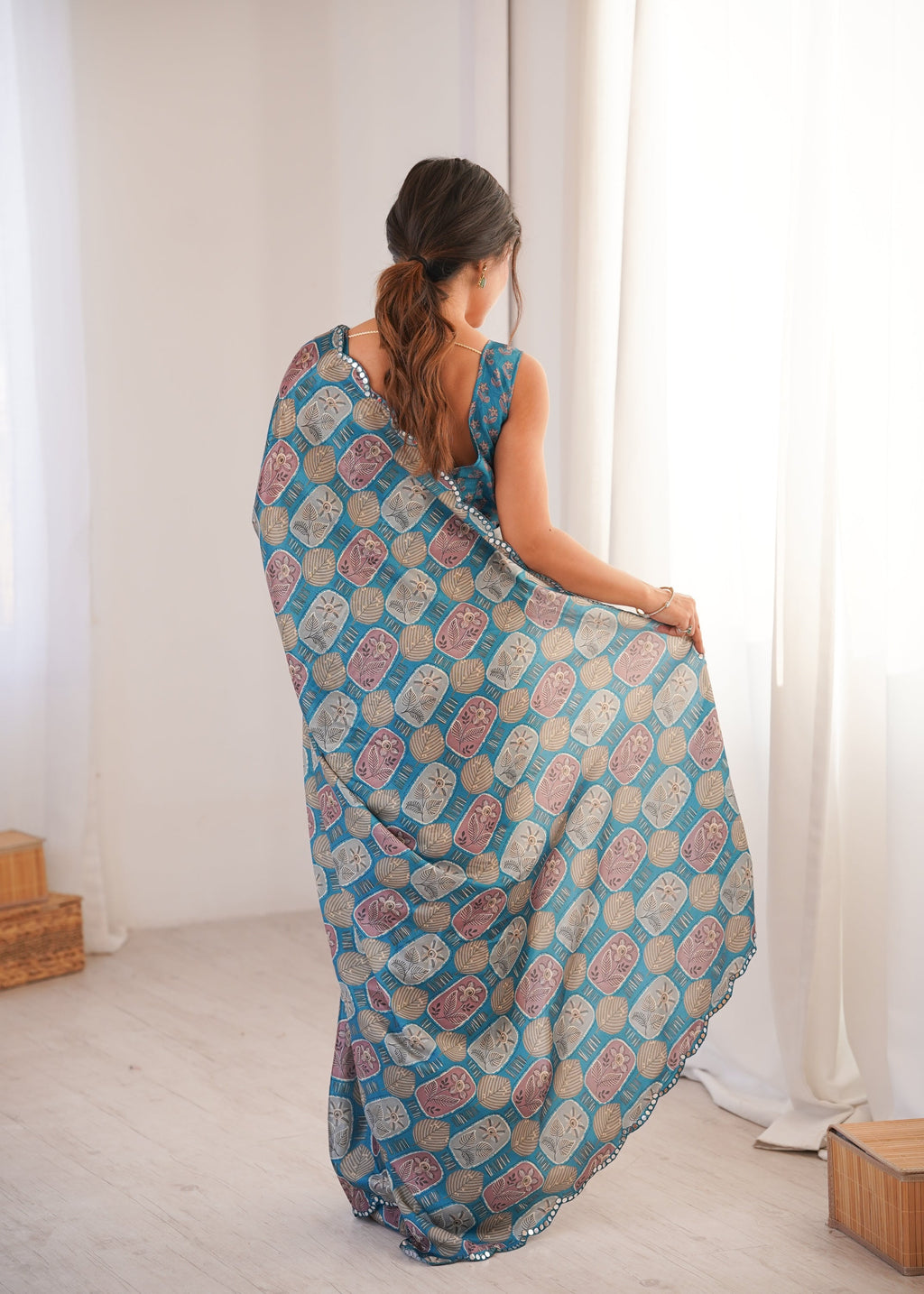 Jyoti Fashion Women's Teal Chinon Digital Printed Designer Saree with Blouse