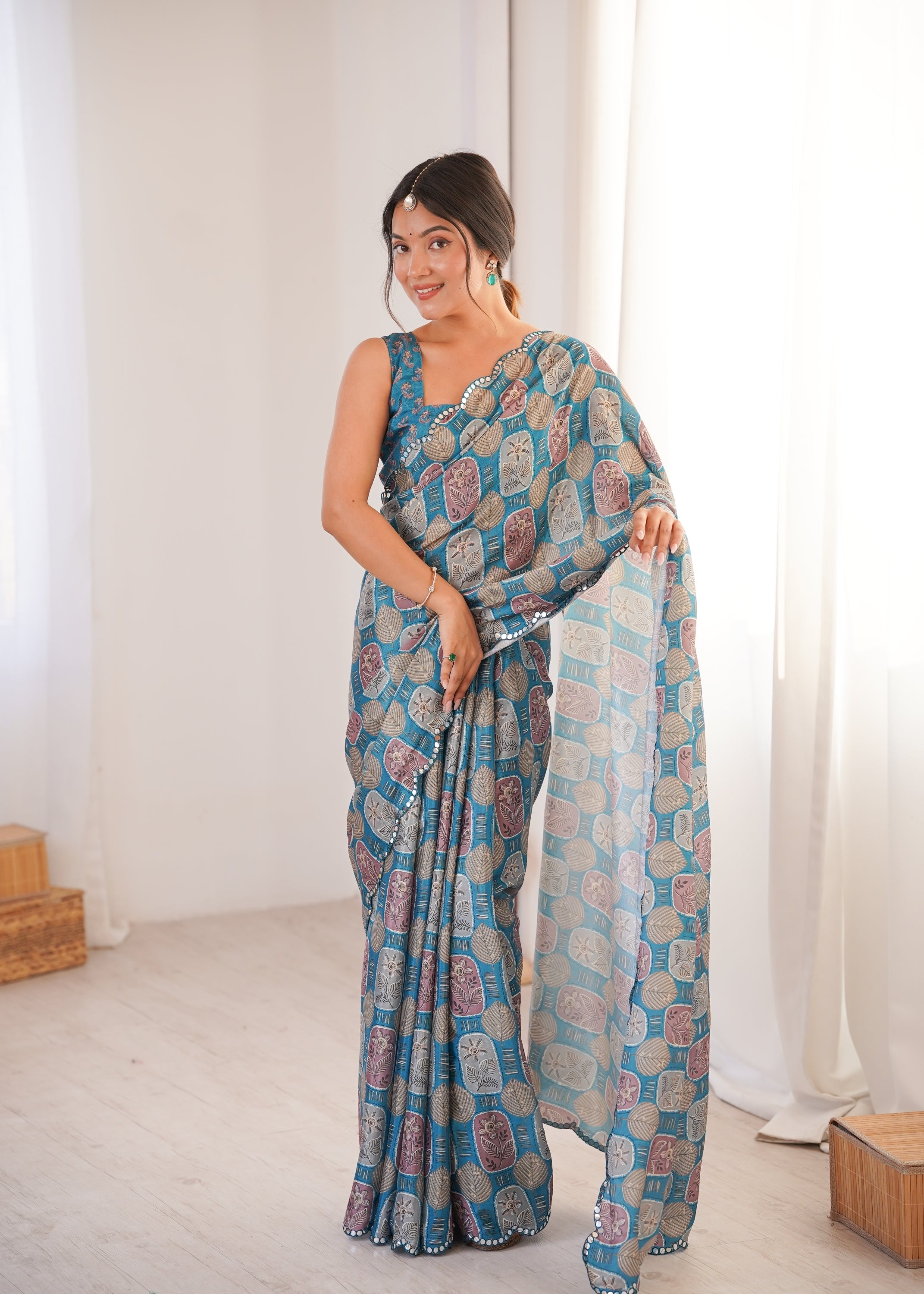Jyoti Fashion Women's Teal Chinon Digital Printed Designer Saree with Blouse