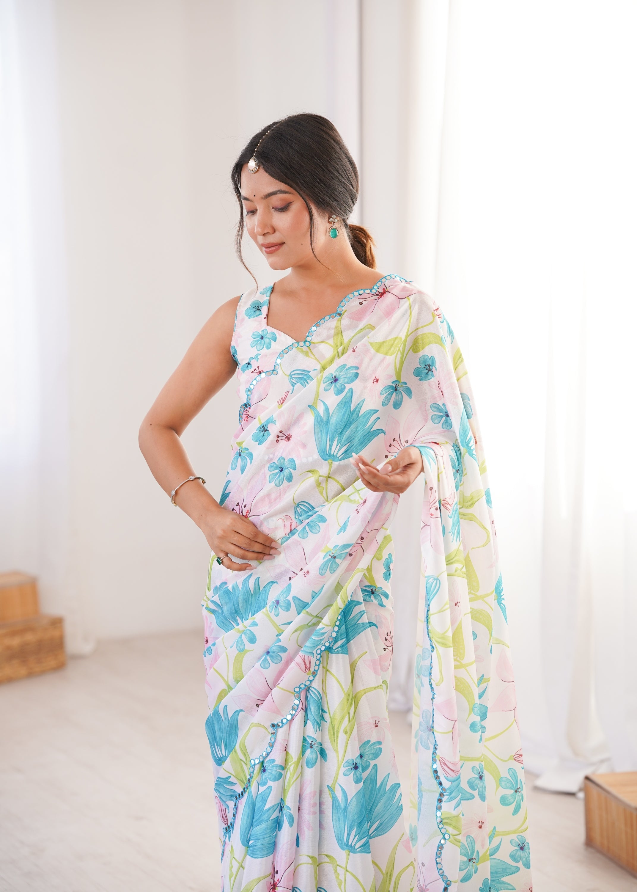 Jyoti Fashion Women's Multicolor Chinon Digital Printed Designer Saree with Blouse