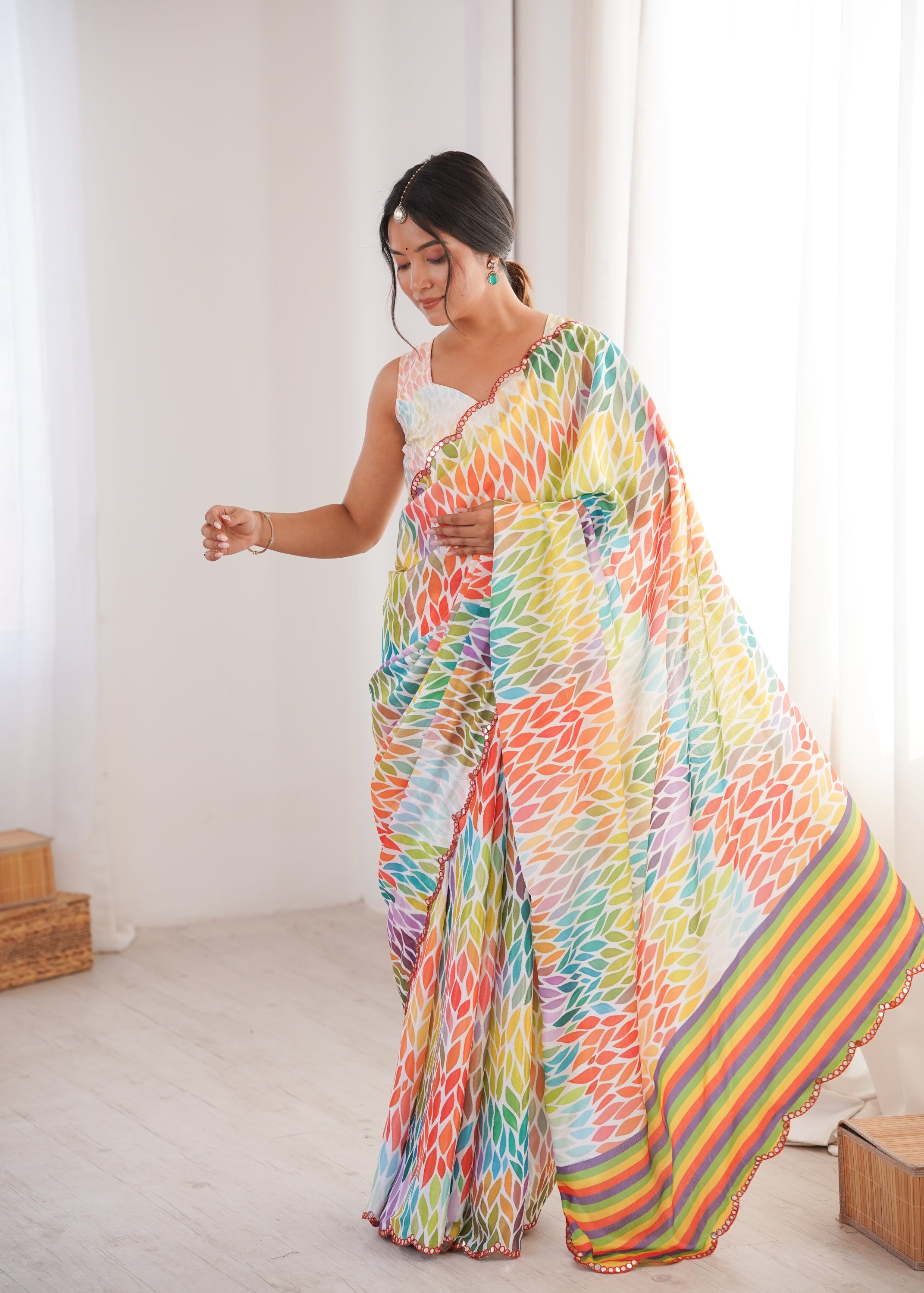 Jyoti Fashion Women's Multicolor Chinon Digital Printed Designer Saree with Blouse