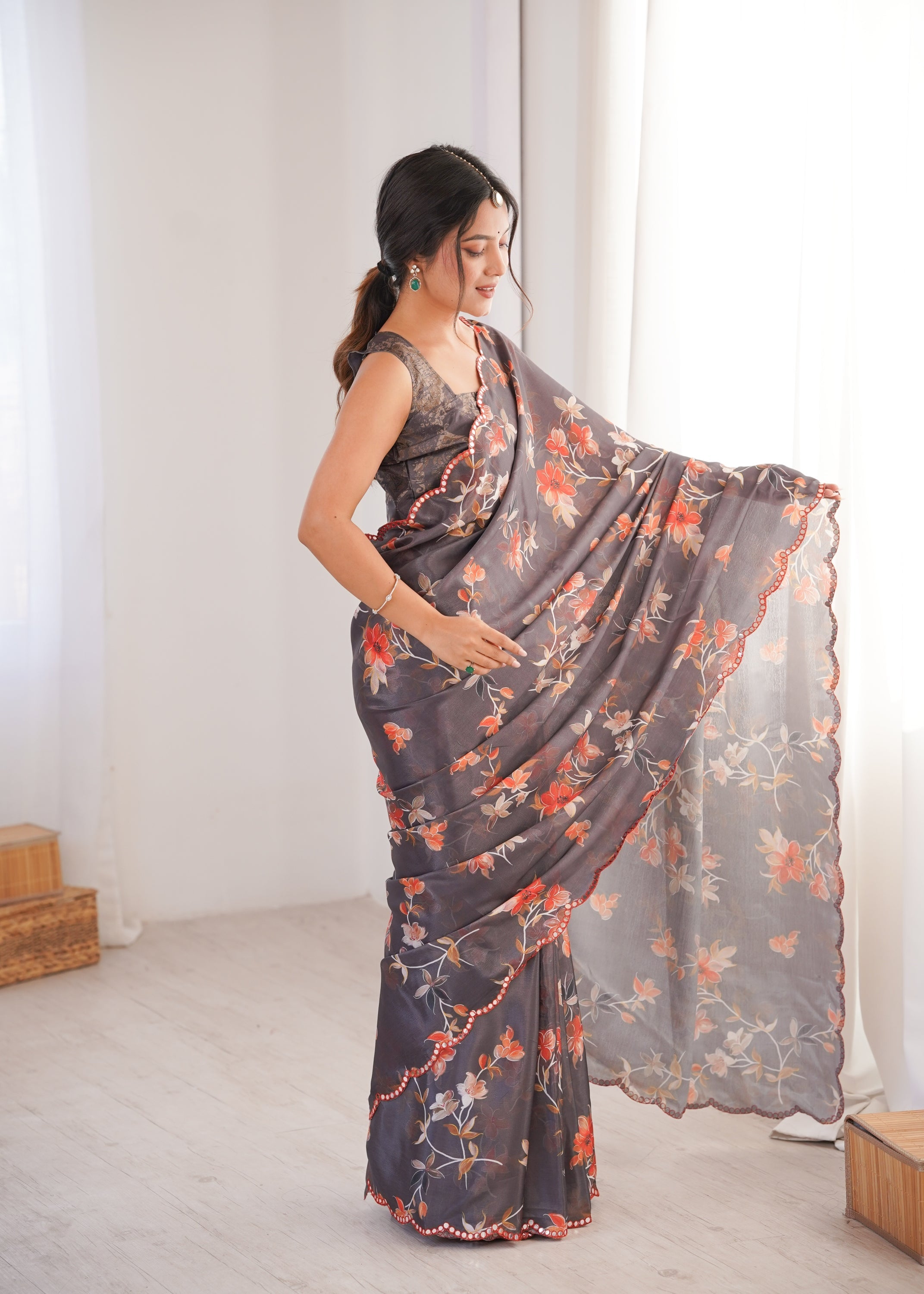 Jyoti Fashion Women's Multicolor Chinon Digital Printed Designer Saree with Blouse