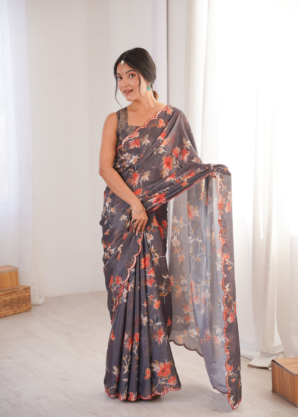 Jyoti Fashion Women's Multicolor Chinon Digital Printed Designer Saree with Blouse