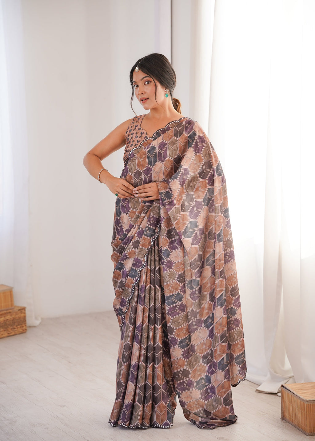 Jyoti Fashion Women's Multicolor Chinon Digital Printed Designer Saree with Blouse